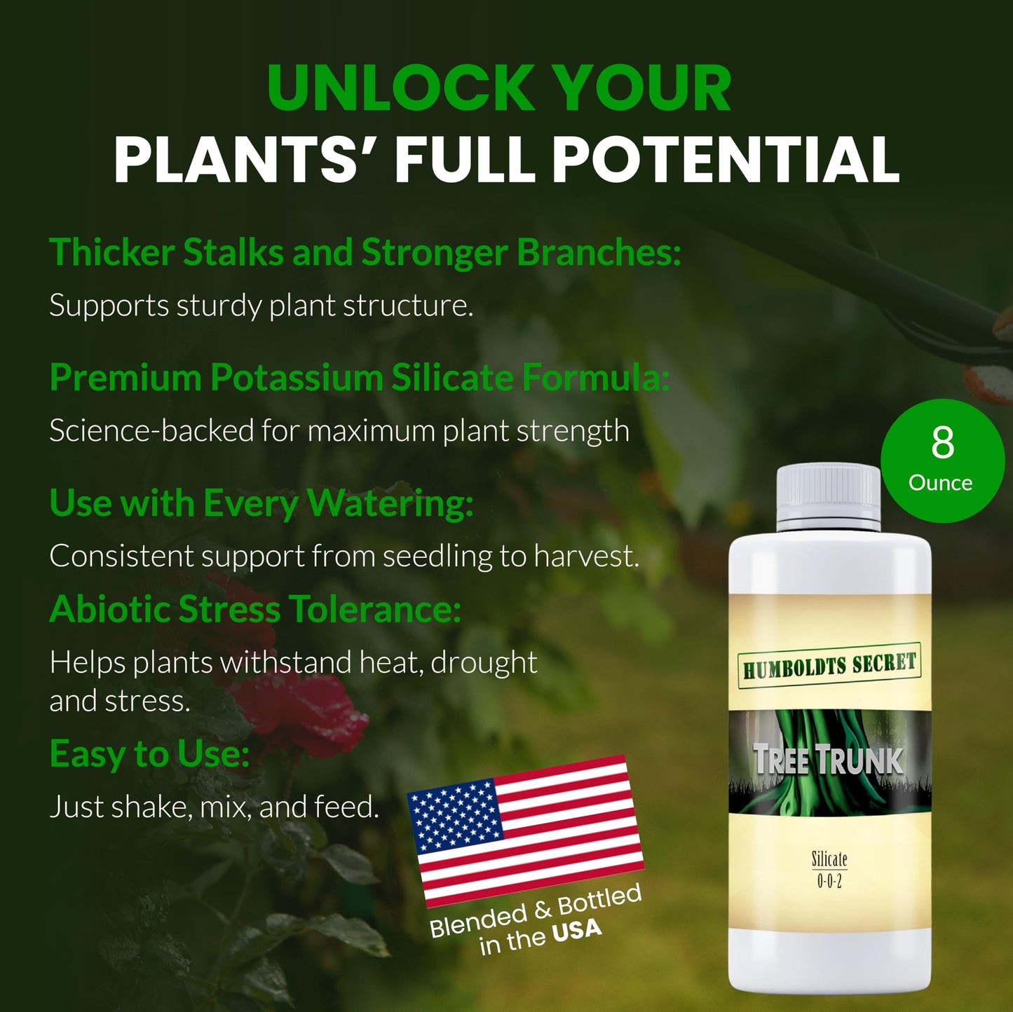 Humboldts Secret Tree Trunk | Potassium Silicate Additive | Liquid Fertilizer for Thicker Stalks, Stress Resistance & Branch Development | Indoor & Outdoor Plant Food, Hydroponic Nutrients, 32 Ounce