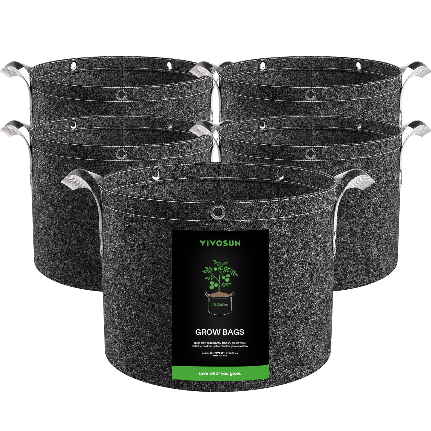 VIVOSUN 5-Pack 7 Gallon Grow Bags, 500G Thick Nonwoven Fabric Pots with Strap Handles, Multi-Purpose Rings, for Low Stress Plant Training Fruits, Vegetables, and Flowers