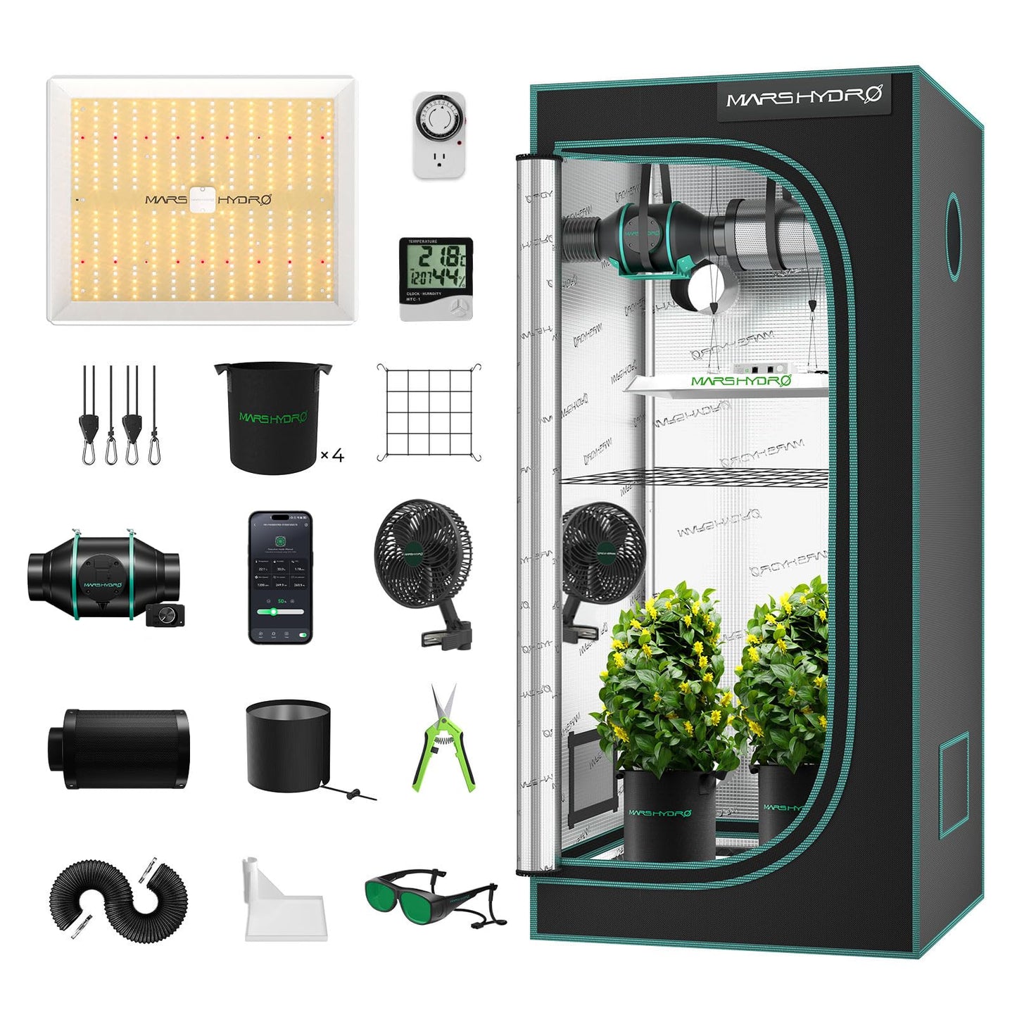MARS HYDRO 3x3 Grow Tent Kit Complete System,150W TS1000 LED Dimmable Grow Light, 32"x32"x63" 1680D High Reflective Mylar Grow System with 4inch Smart WiFi Control Ventilation System,10 Speed Fan