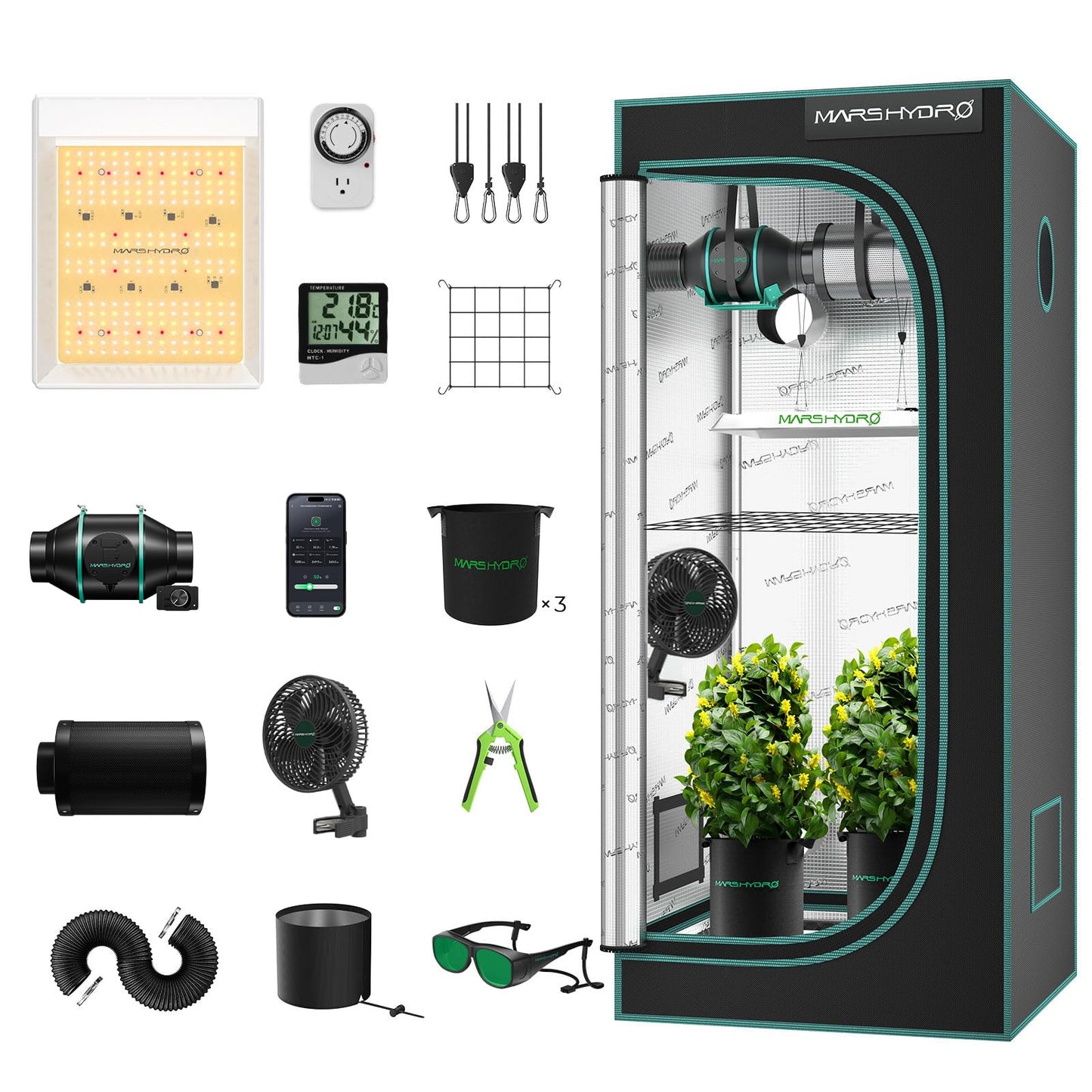 MARS HYDRO 2x2 Grow Tent Kit Complete System with 10 Speed Fan,100W TS600 LED Full Spectrum Grow Light,24"x24"x55" 1680D High Reflective Mylar Grow Tent,4 inch Smart WiFi Control Ventilation System
