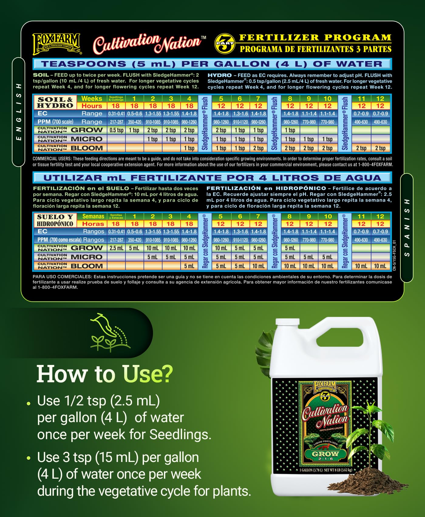 FoxFarm Cultivation Nation Grow Fertilizer - Formula for Optimal Vegetative Growth, Perfect for Soil, Soilless Media, Hydroponics & Aeroponics - Part 1 of 3-Part Feeding Program- NPK 2-1-6 (Gallon)