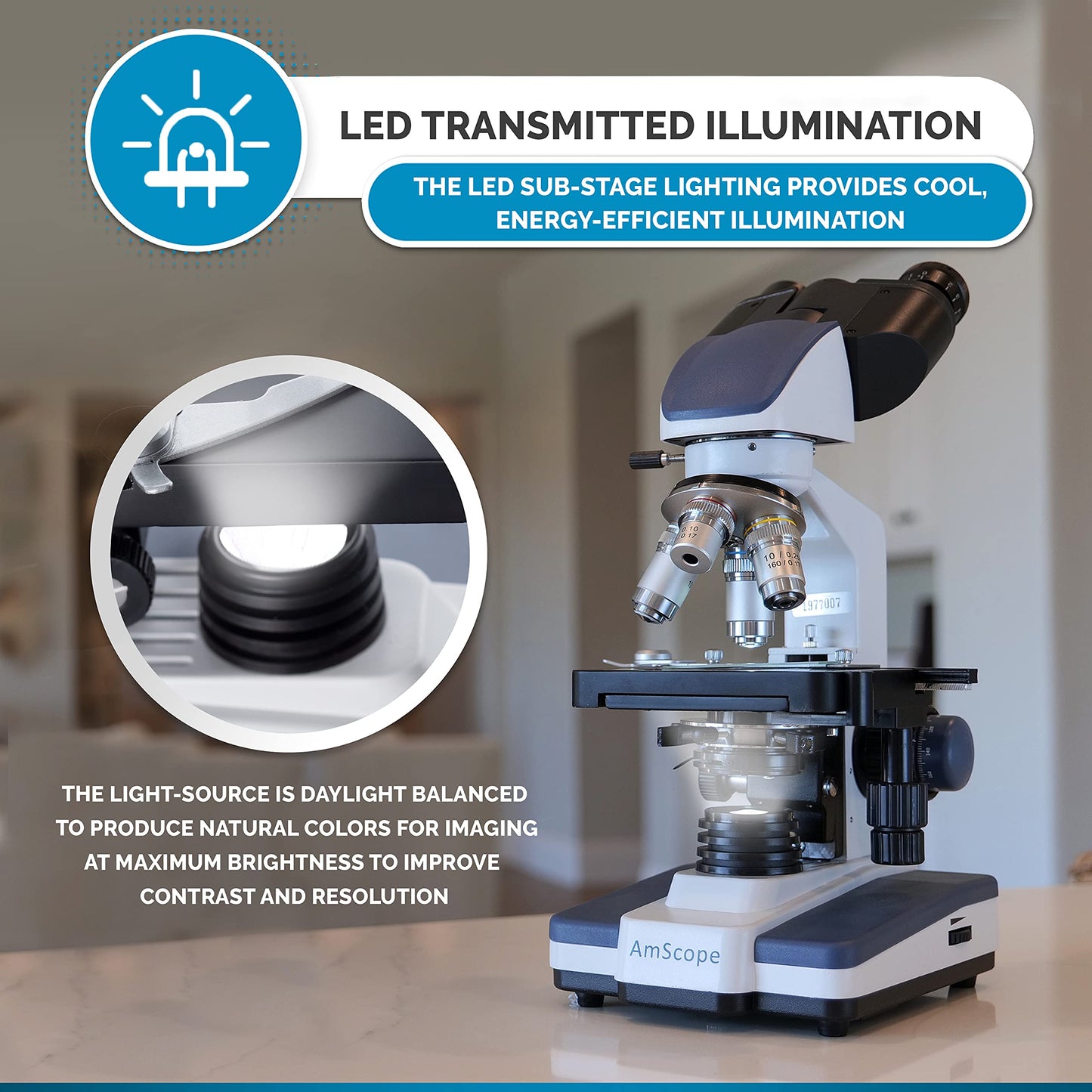 AmScope B120 Series Student & Professional LED Binocular Compound Microscope - 40X-2500X Magnification - Includes 5MP USB Camera & Siedentopf Head