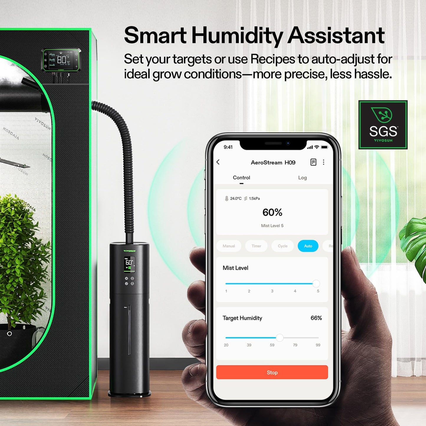 VIVOSUN AeroStream H05 Intelligent Wi-Fi Humidifier, 1.32 Gal / 5 L Humidifier with Temp & Humidity Probe, Smart Remote Control, Designed for Growers