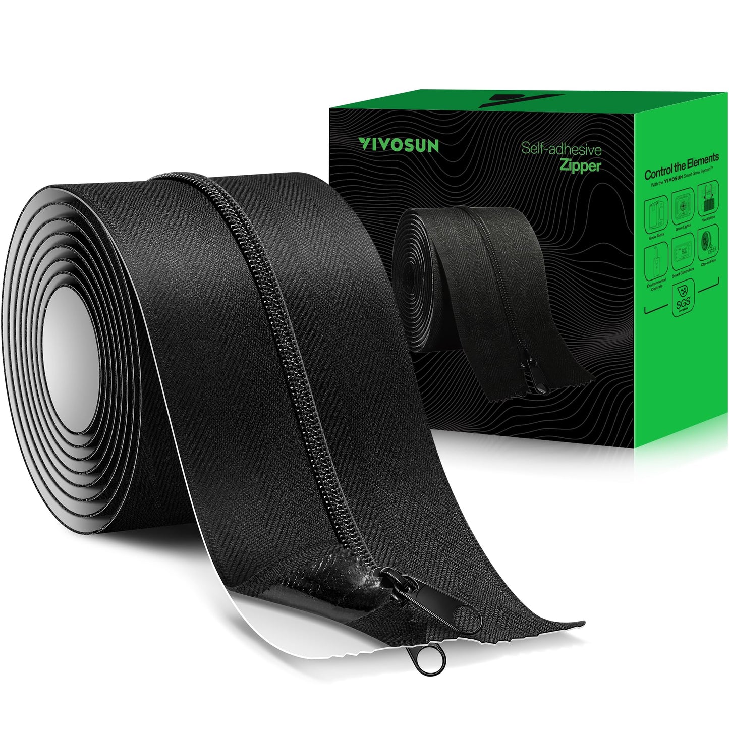 VIVOSUN 1-Pack Self Adhesive Zipper Door for Debris Barriers, 3In. x 7Ft. Peel & Stick, Heavy-Duty & Double-Sided Zipper for Tarp, Greenhouse, Indoor Outdoor Tent, Black