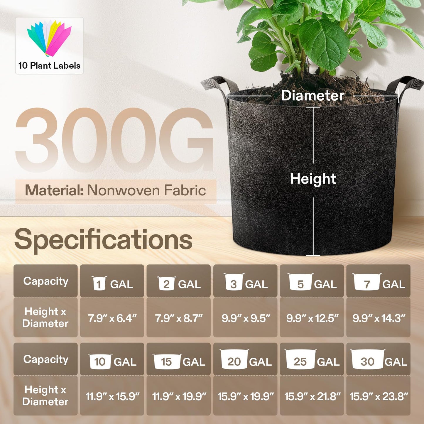 VIVOSUN 5-Pack 5 Gallon Grow Bags Heavy Duty 300G Thickened Nonwoven Plant Fabric Pots with Handles