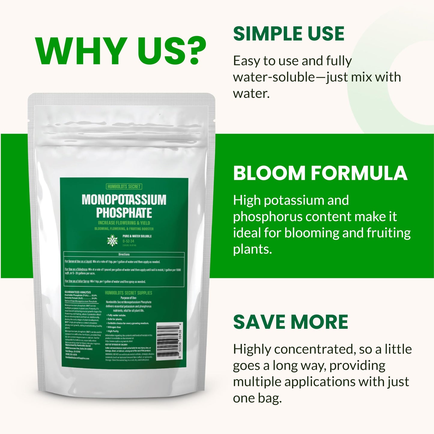 Humboldts Secret Monopotassium Phosphate 0-52-34 | MKP Fertilizer Bloom Booster for Flowers, Fruits & Vegetables | High Purity Water Soluble Phosphorus and Potassium Plant Food | 2 lb