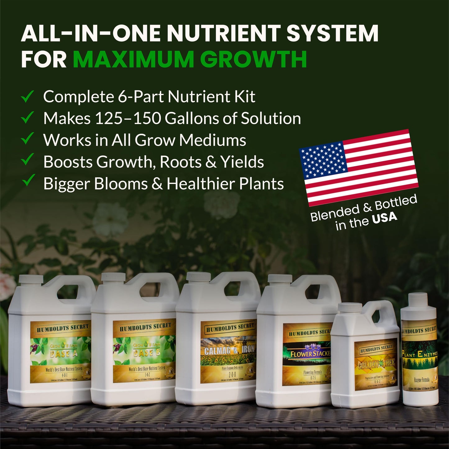 Humboldts Secret Starter Kit Pack | Indoor and Outdoor Plant Fertilizer and Hydroponic Nutrients | Base A & B, CalMag and Iron, Golden Tree, Flower Stacker, Plant Enzymes | Complete Garden System