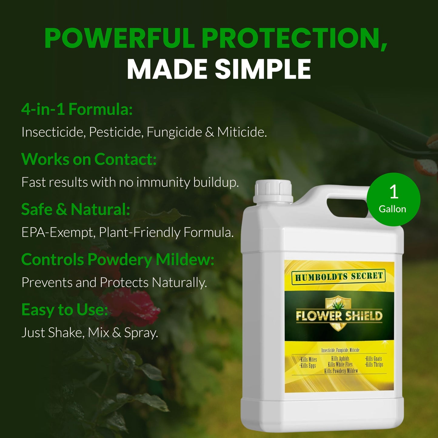 Humboldts Secret Flower Shield | Insecticide, Pesticide, Miticide, Fungicide | Bug Spray for Plants | Spider Mite & Powdery Mildew Control | Indoor & Outdoor | Houseplant & Garden | 8 Ounce
