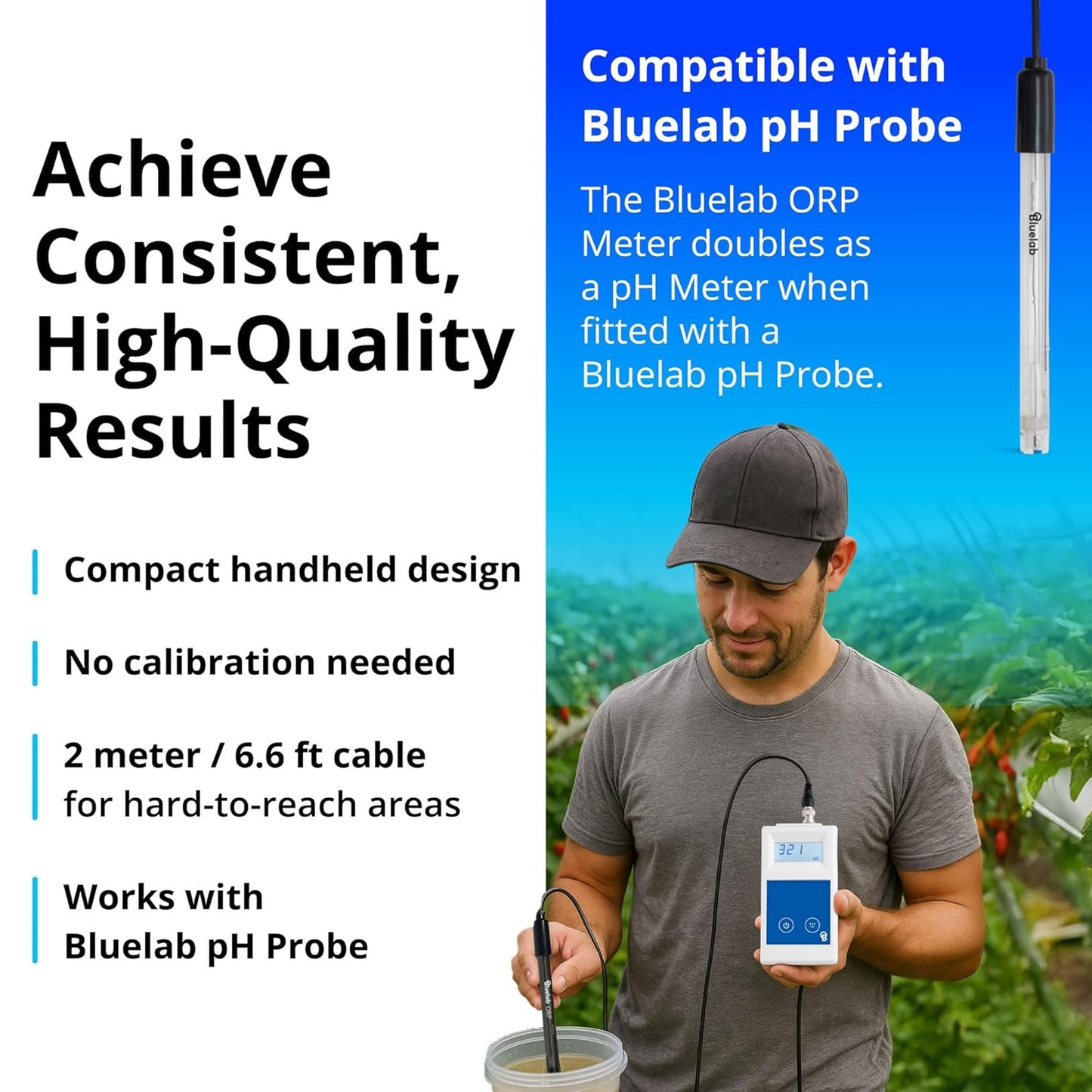 Bluelab ORP Meter – Handheld Oxidation-Reduction Potential (ORP) Tester with Backlit Display, Replaceable Probe & 2m Cable for Water Quality Monitoring