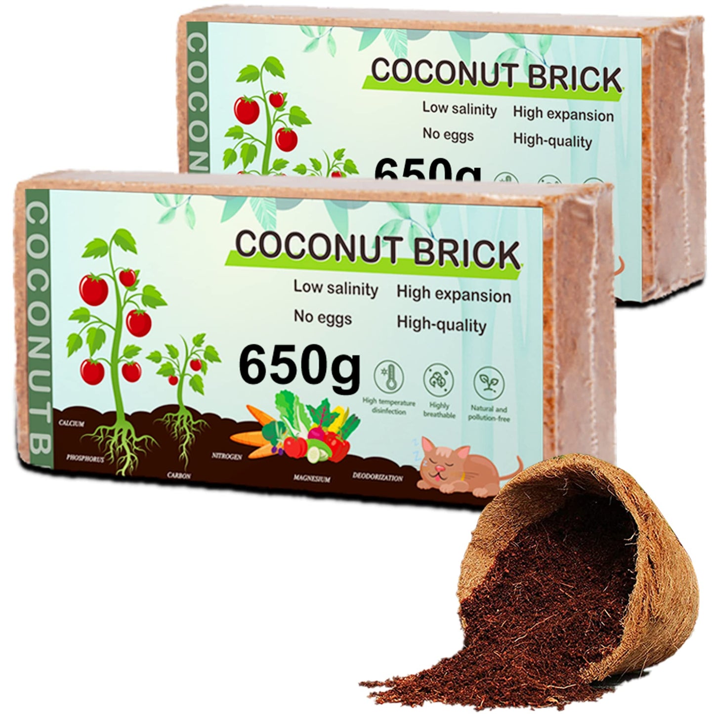 Premium Coco Coir Brick, 1.4Lb High Nutrinent Compressed Coconut Soil, OMRI 100% Organic Low EC & PH Balanced Potting Soil for All Plants Gardening, Hydroponics and Reptile Substrate (650G x 2)