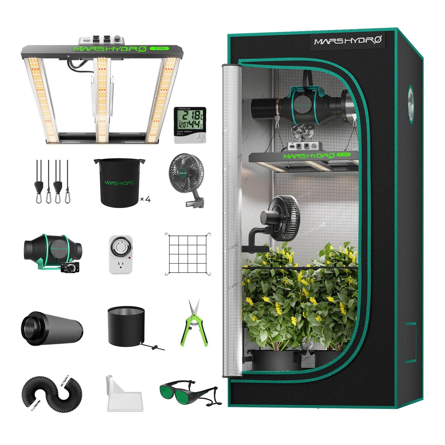 MARS HYDRO 4x4 Smart Grow Tent Kit Complete System,480W FC-E4800 APP WIFI Control Light 2646pcs LED,1680D High Reflective Mylar,with 6inch 32dB,402CFM Adjustable Ventilation Kit,10 Speed Grow Tent Fan