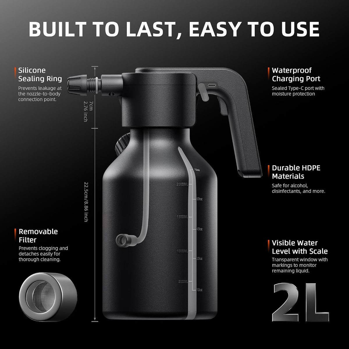 Spider Farmer 70oz Battery Powered Sprayer, 0.5 Gal Electric Spray Bottle