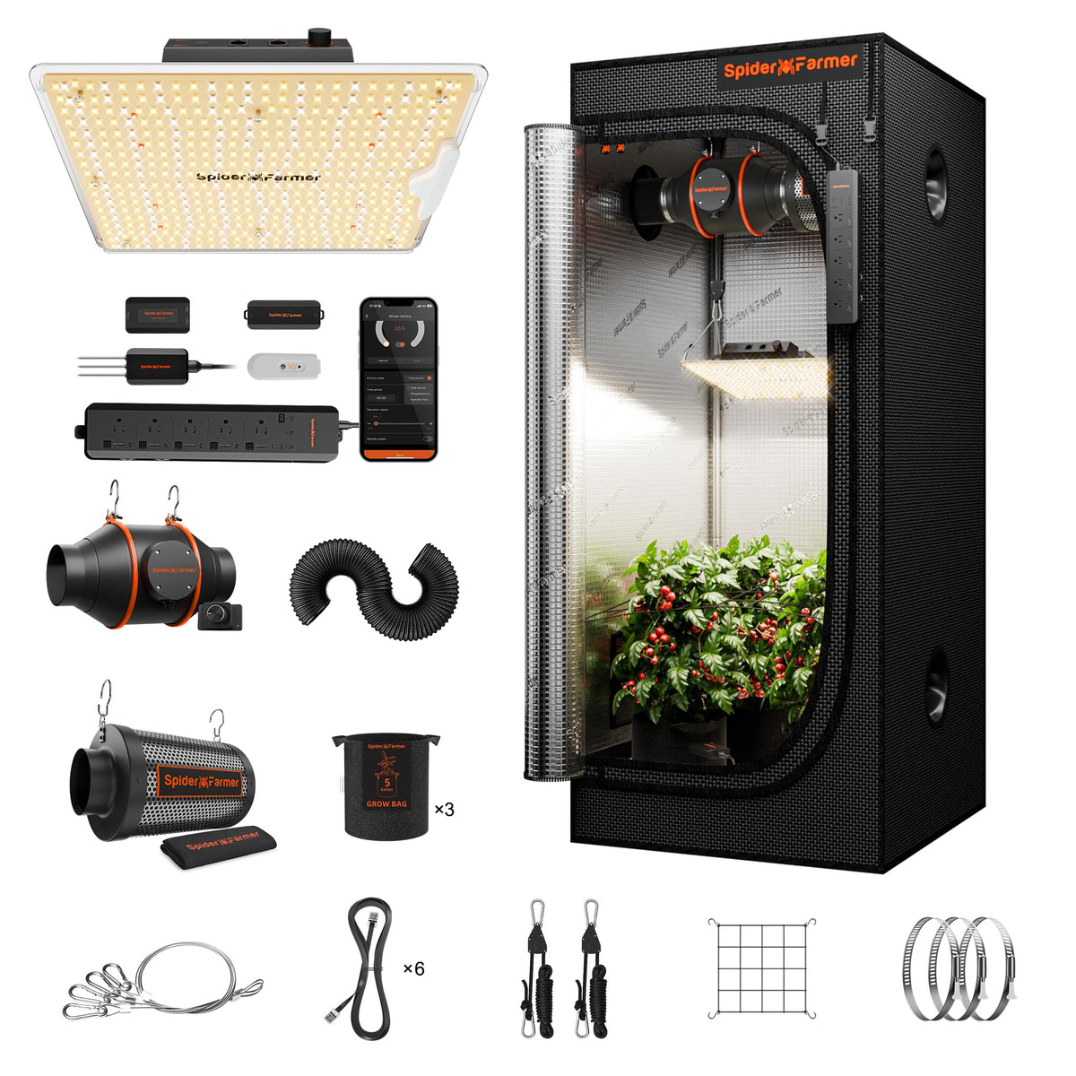 Spider Farmer 3x3x6ft G3000 Complete Grow Tent Kit with GGS AC5 Power Strip