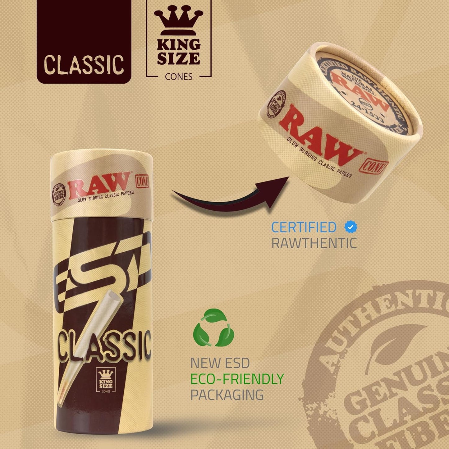 RAW Cones Classic King Size - 100 Pack - Slow Burning Pre Rolled Paper with Tips and Packing Tubes Included