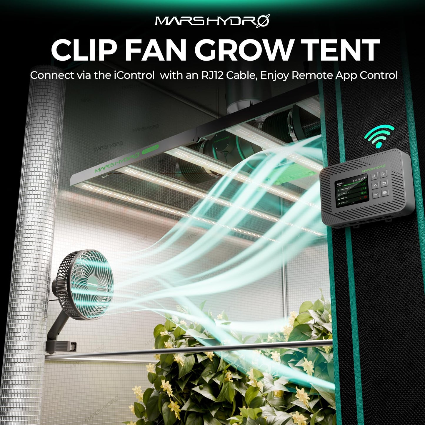 Mars Hydro M6 Grow Tent Fan, 10 Speeds Powerful Oscillating Clip Fan with Low Noise for Hydroponic Plants and Ventilation Circulation with Convenient APP/WiFi Control