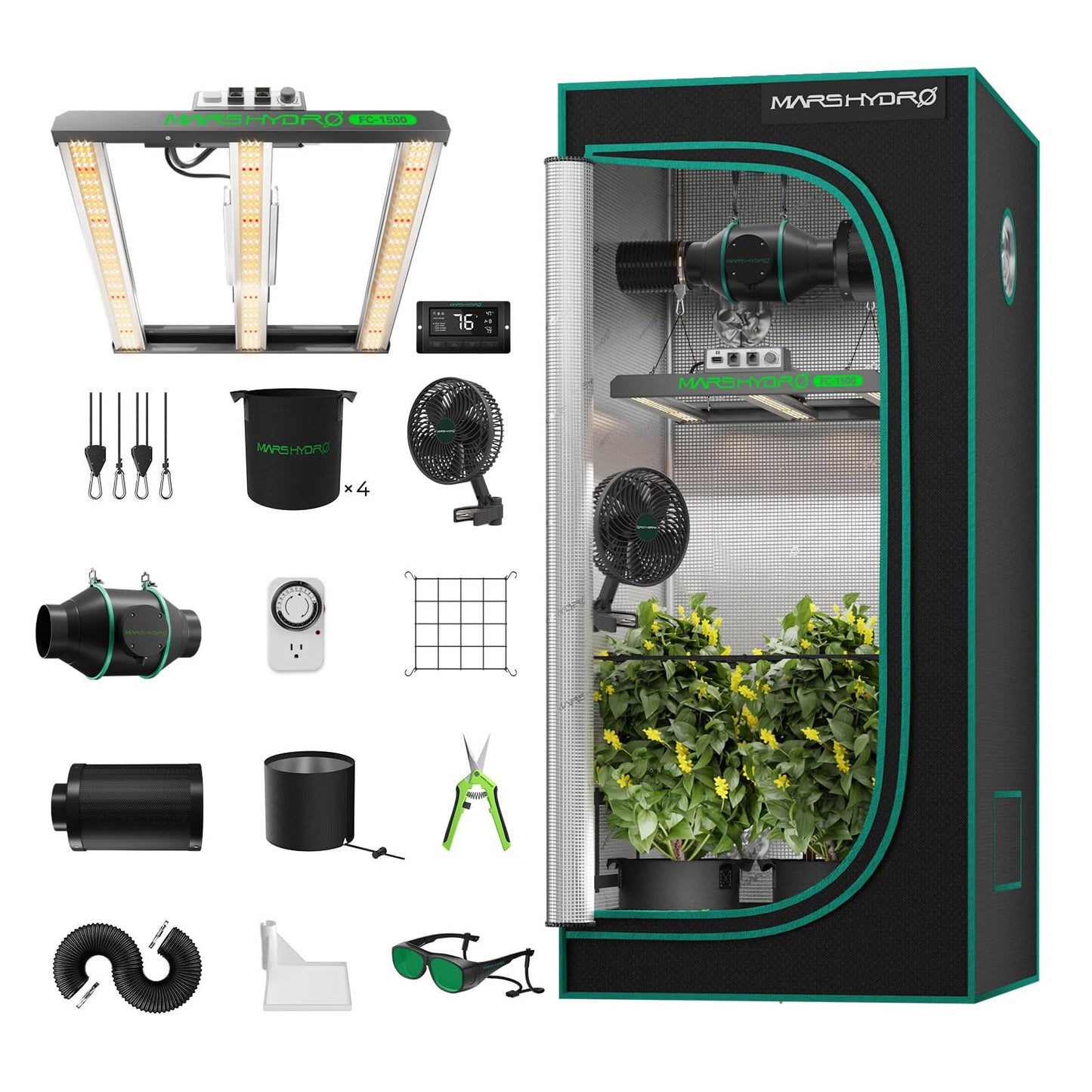 MARS HYDRO 2x2 Grow Tent Kit Complete System with 10 Speed Fan,100W TS600 LED Full Spectrum Grow Light,24"x24"x55" 1680D High Reflective Mylar Grow Tent,4 inch Smart WiFi Control Ventilation System