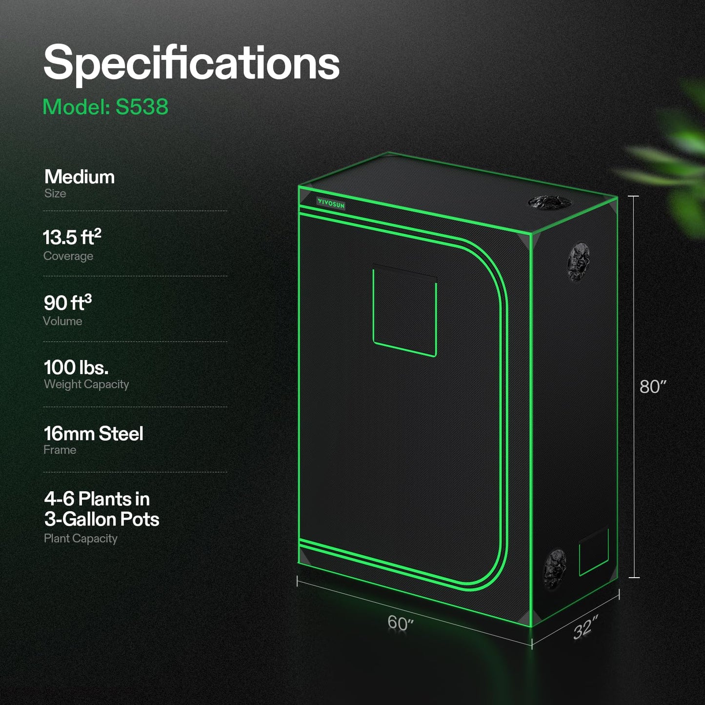 VIVOSUN S558 5x5 Grow Tent, 60"x60"x80" High Reflective Mylar with Observation Window and Floor Tray for Hydroponics Indoor Plant for VSF6450