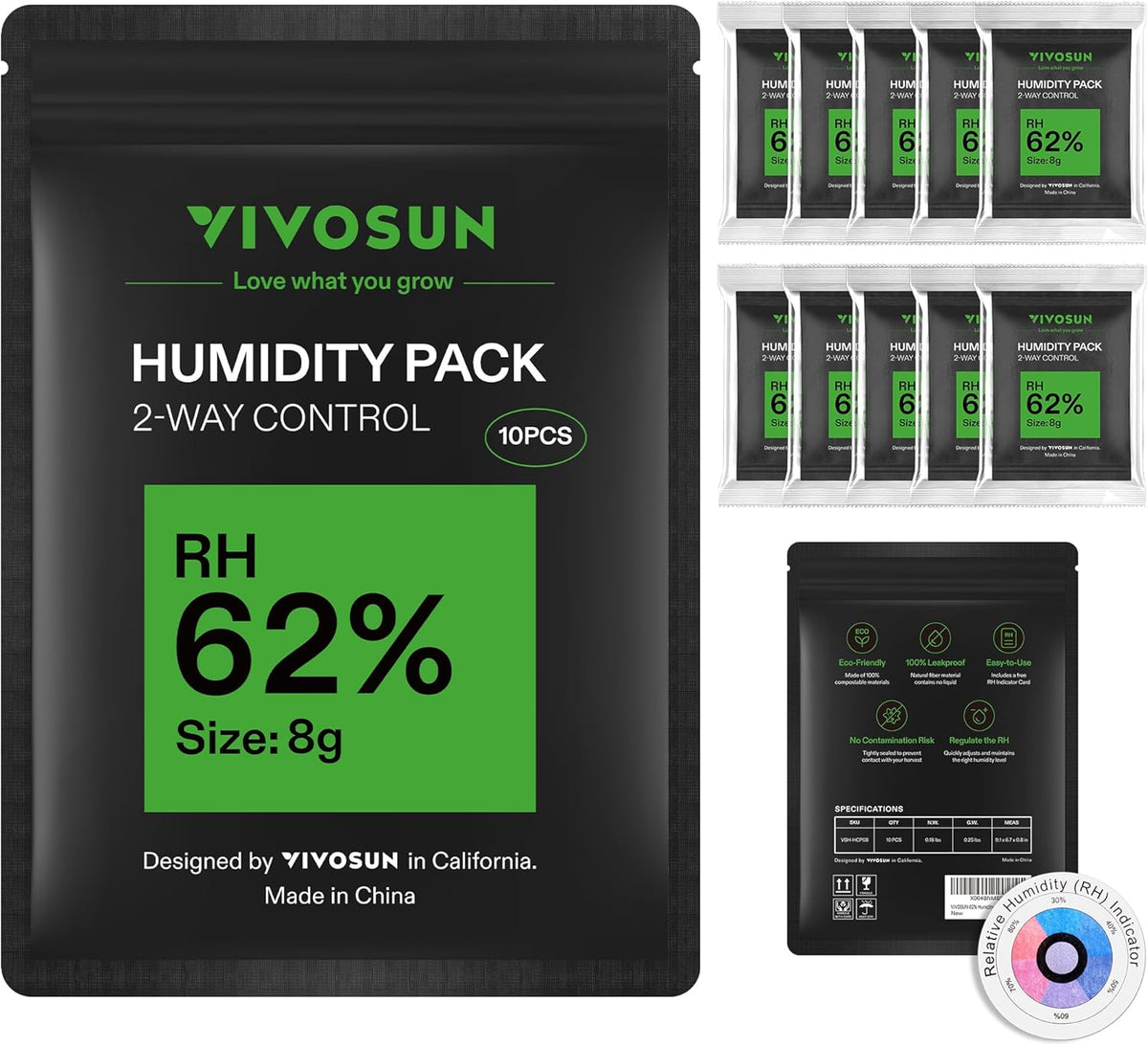 VIVOSUN 62% RH Two-Way Humidity Control Packs, Size 8g, 10 Packs