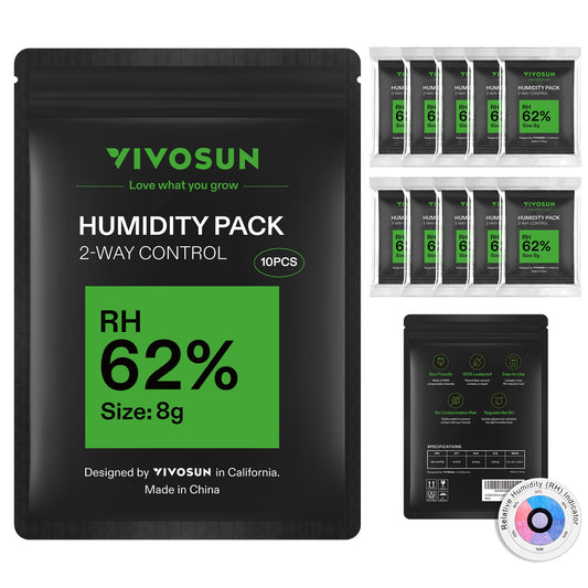 VIVOSUN 62% RH Two-Way Humidity Control Packs, Size 8 g, 10 Packs, Each for Storing 1 oz, Moisture Balancer with RH Indicator Card for Food Storage