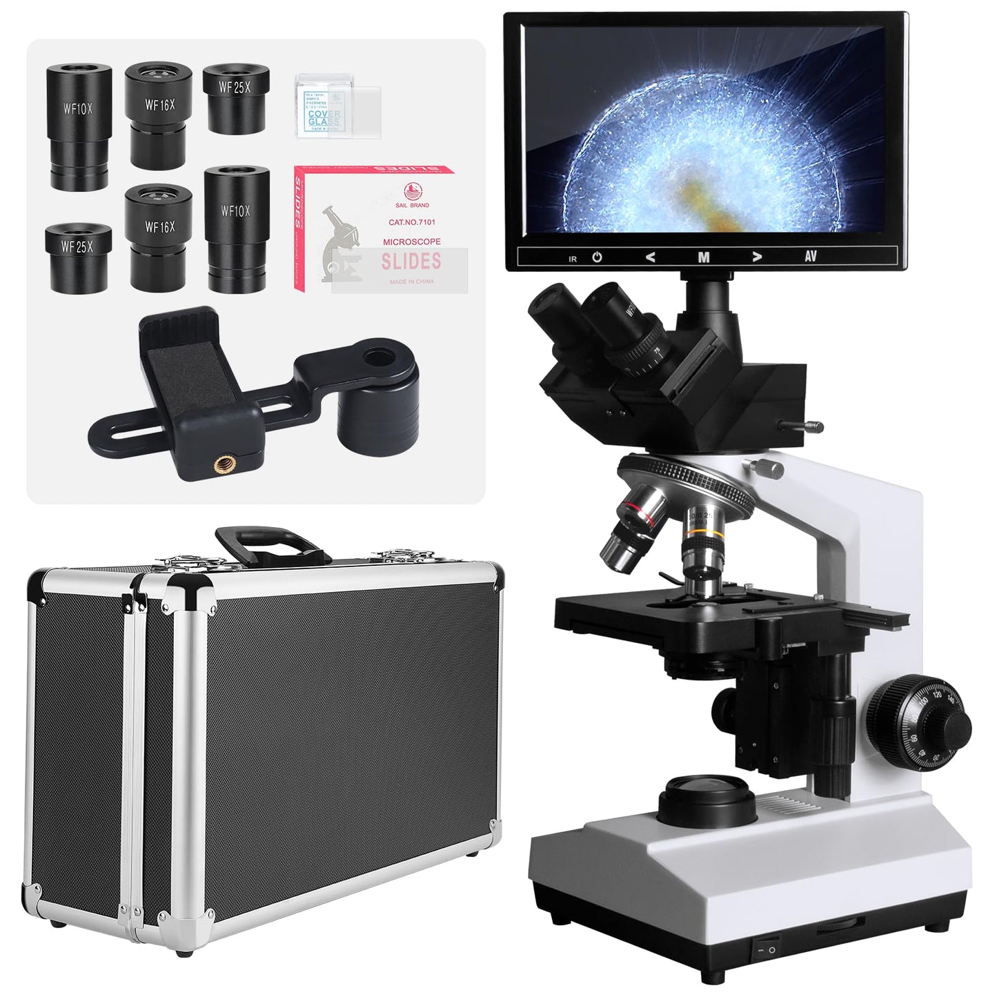 [Darkfield Microorganism Model] Vabiooth Lab Darkfield & Brightfield Trinocular Compound Microscope 40X-2500X Magnification with 7" Monitor 5MP E-Eyepiece, Adjustable Mechanical Stage, LED Source