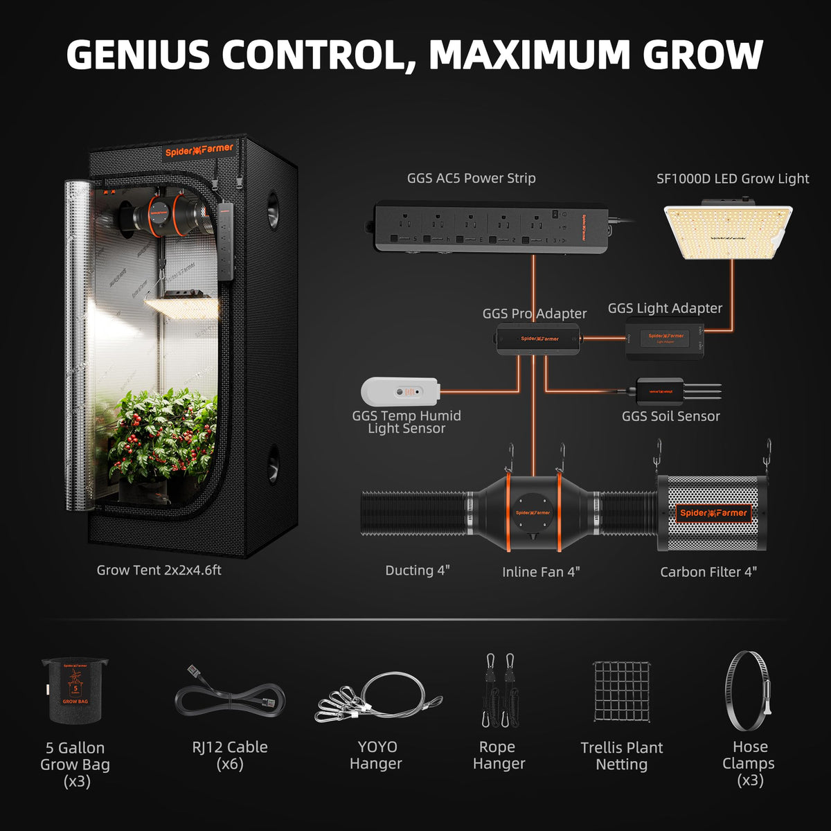 Spider Farmer 3x3x6ft G3000 Complete Grow Tent Kit with GGS AC5 Power Strip