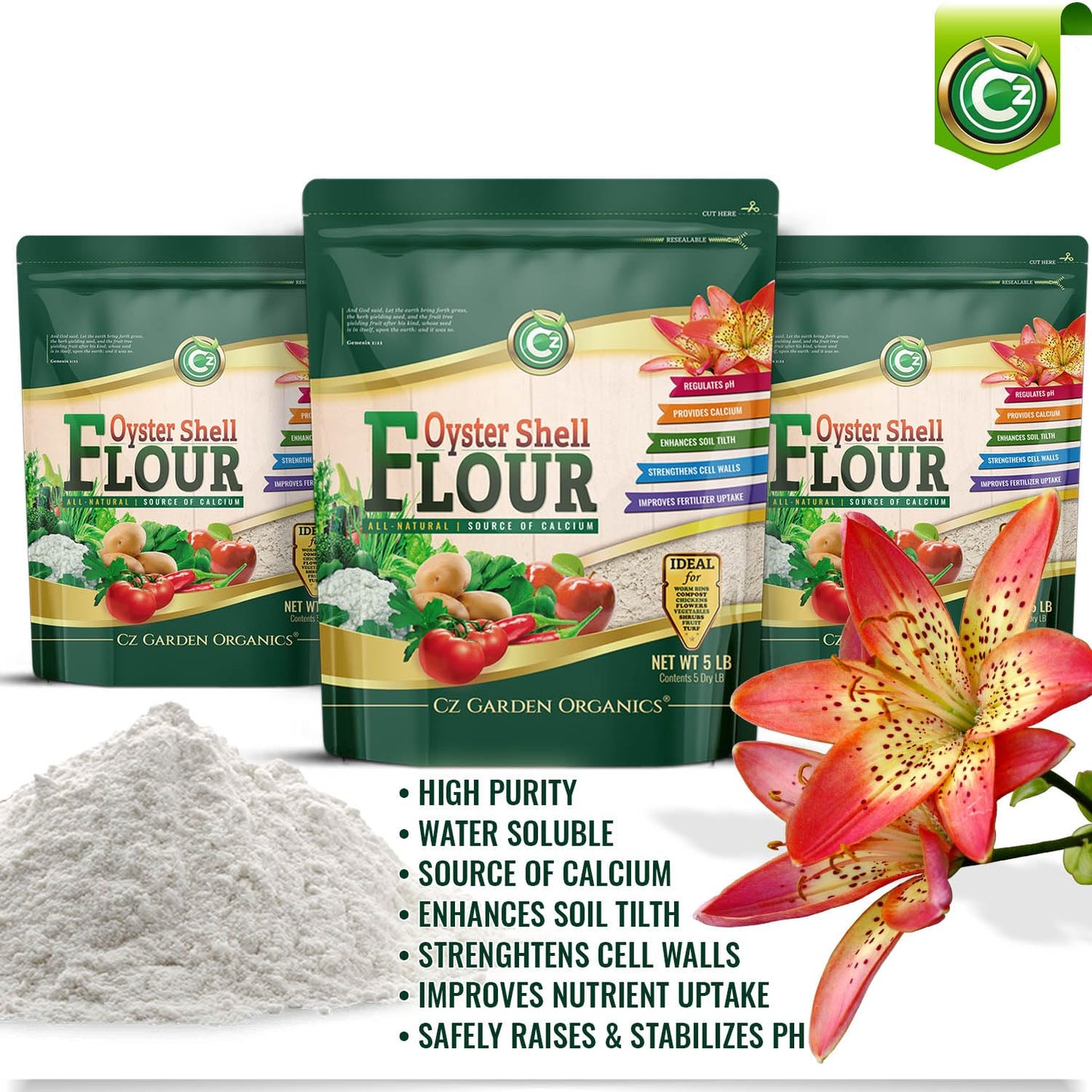 Oyster Shell Flour 5LB – Made in USA Soil Amendment Fertilizer for Indoor/Outdoor Plants & Gardens. High Calcium Supplement for Chickens, Reptiles, Worm Compost Bins, Mushroom Cultivation. OMRI Listed