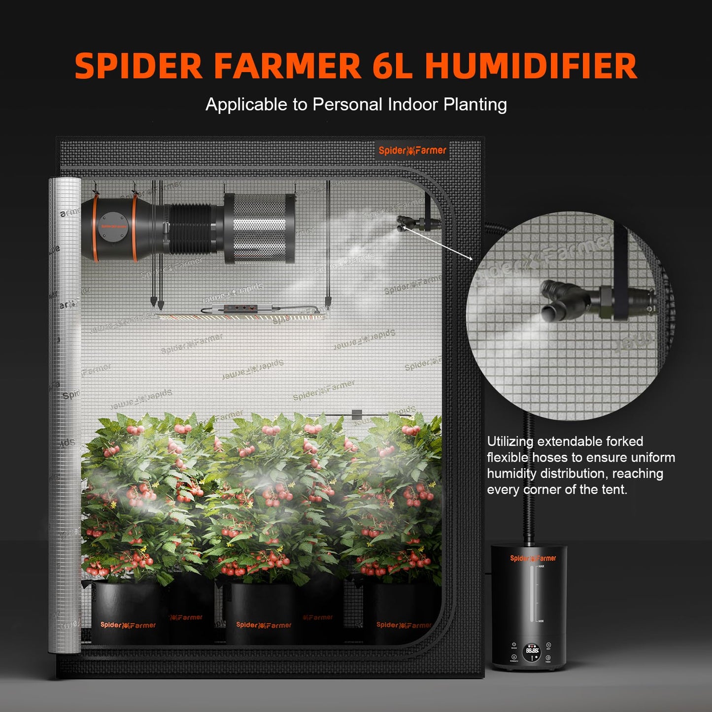 Spider Farmer 3-in-1 6L Humidifier Indoor with Timer & Hose Cool Mist Ultrasonic Humidifiers Large Room with Temperature & Humidity Probe for Plant Mushroom Greenhouse Bedroom Grow Tent Top Fill Black