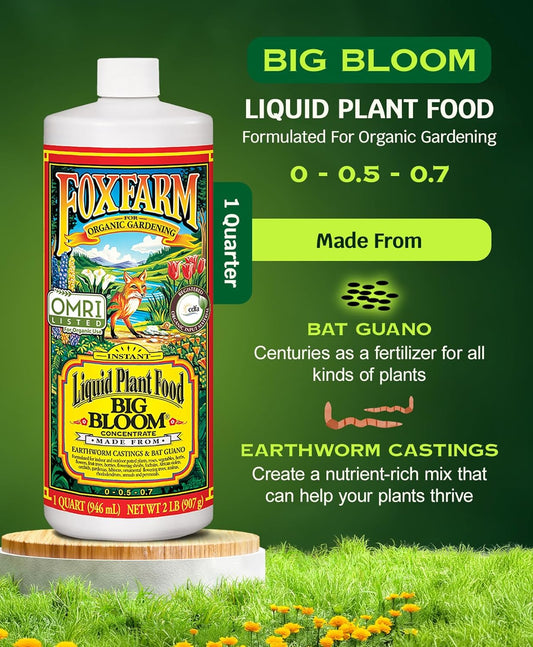 FoxFarm - Big Bloom Plant Food, Liquid Fertilizer Concentrate for Flowers, Fruits, and Vegetables, All Purpose Plant Fertilizer for Indoor & Outdoor Potted Plants, NPK 0-0.5-0.7 (Quart)