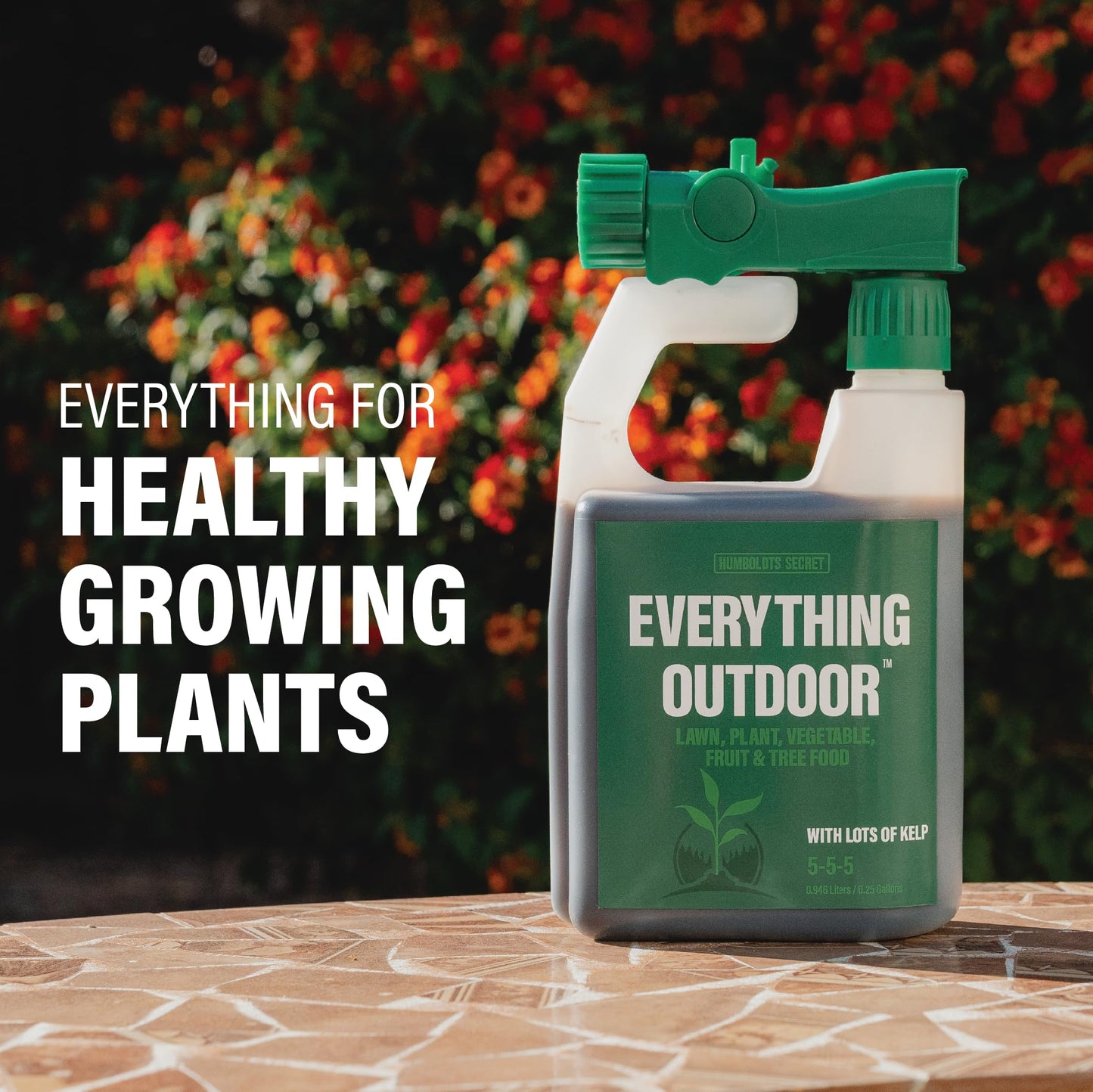 Humboldts Secret Everything Outdoor Plant Food | 5-5-5 Liquid Fertilizer with Norwegian Kelp | All Purpose Lawn, Vegetable & Fruit Food | Garden Nutrients | Refillable Hose End Bottle | 32 Ounce