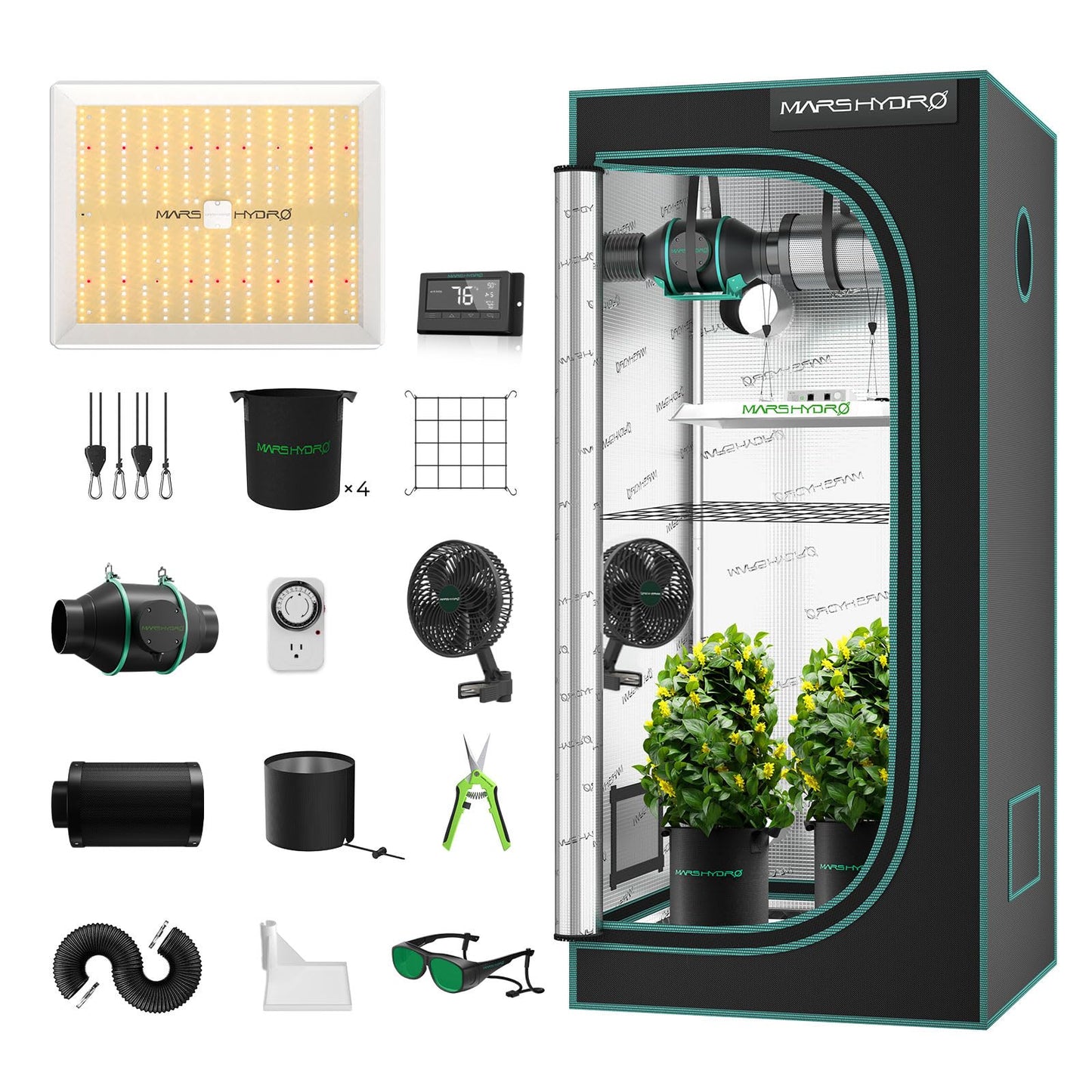 MARS HYDRO 3x3 Grow Tent Kit Complete System,150W TS1000 LED Dimmable Grow Light, 32"x32"x63" 1680D High Reflective Mylar Grow System with 4inch Smart WiFi Control Ventilation System,10 Speed Fan