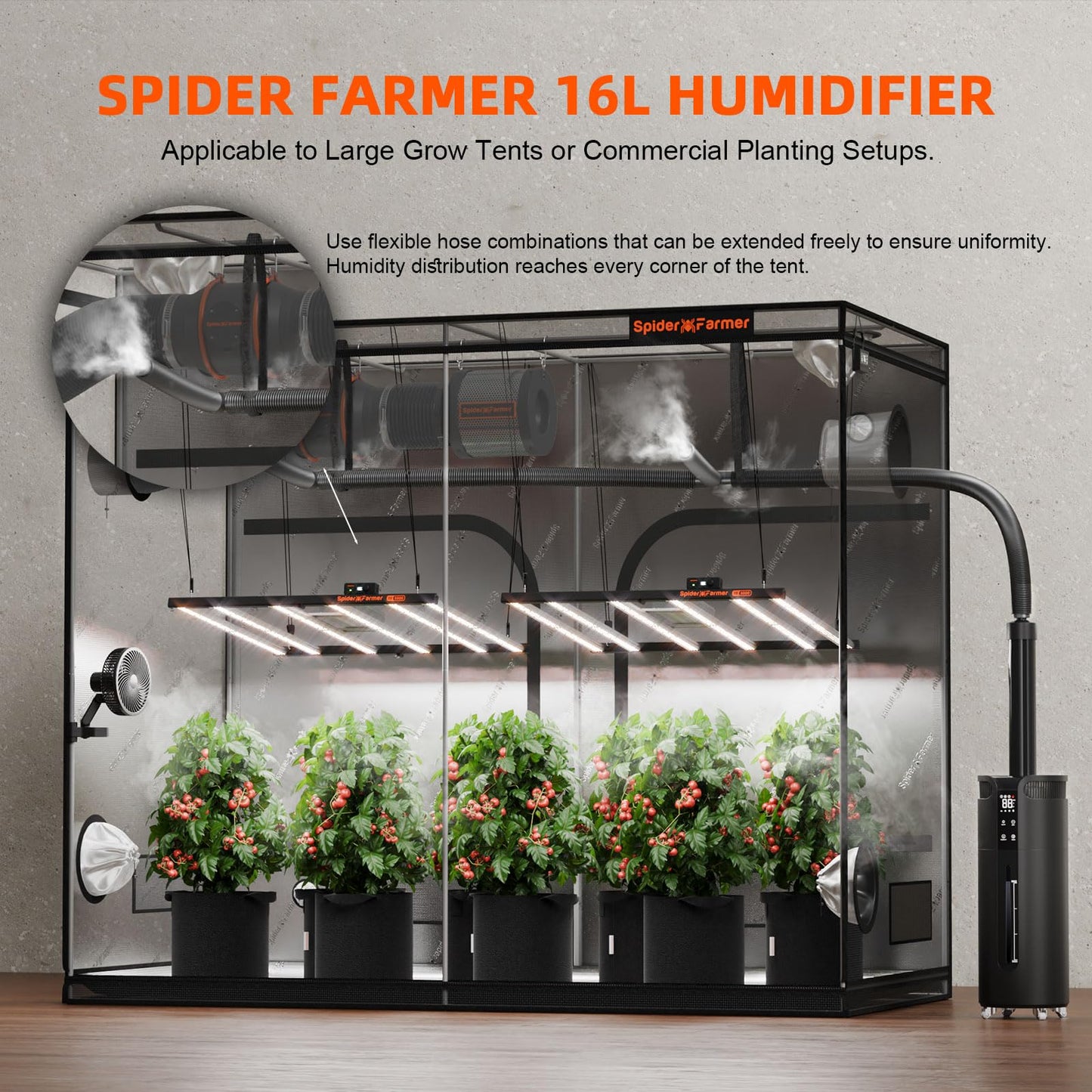Spider Farmer 16L/4.2Gal Humidifier 1400ML/H Output for Grow Tent 2000 Sq.ft Large Room Plant Multi Extendable Hoses Splicing and Humidity Sensor Probe Cool Mist Quiet for Bedroom Greenhouse Indoor