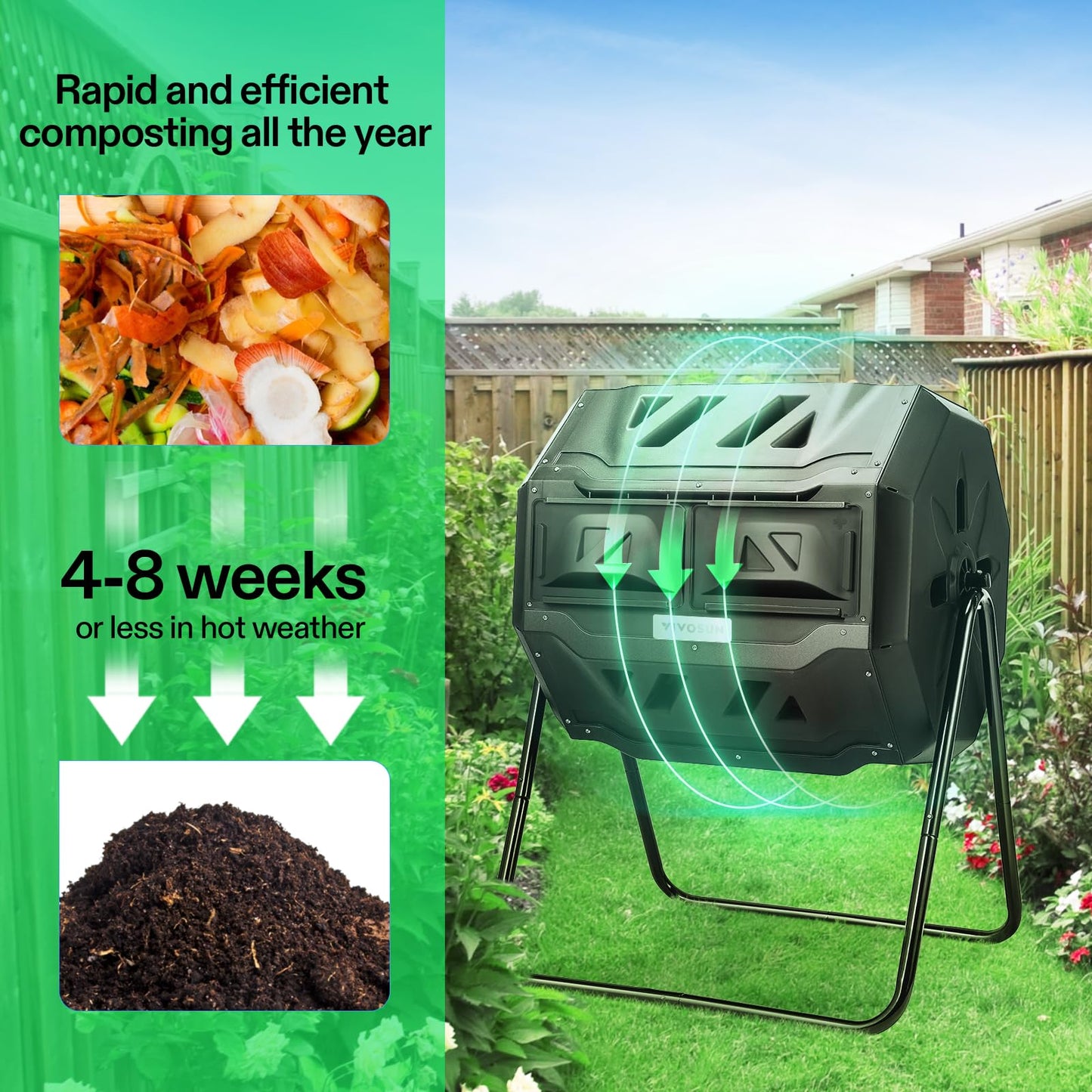 VIVOSUN Outdoor Tumbling Composter Dual Rotating Batch Compost Bin, 43 Gallon Orange Door