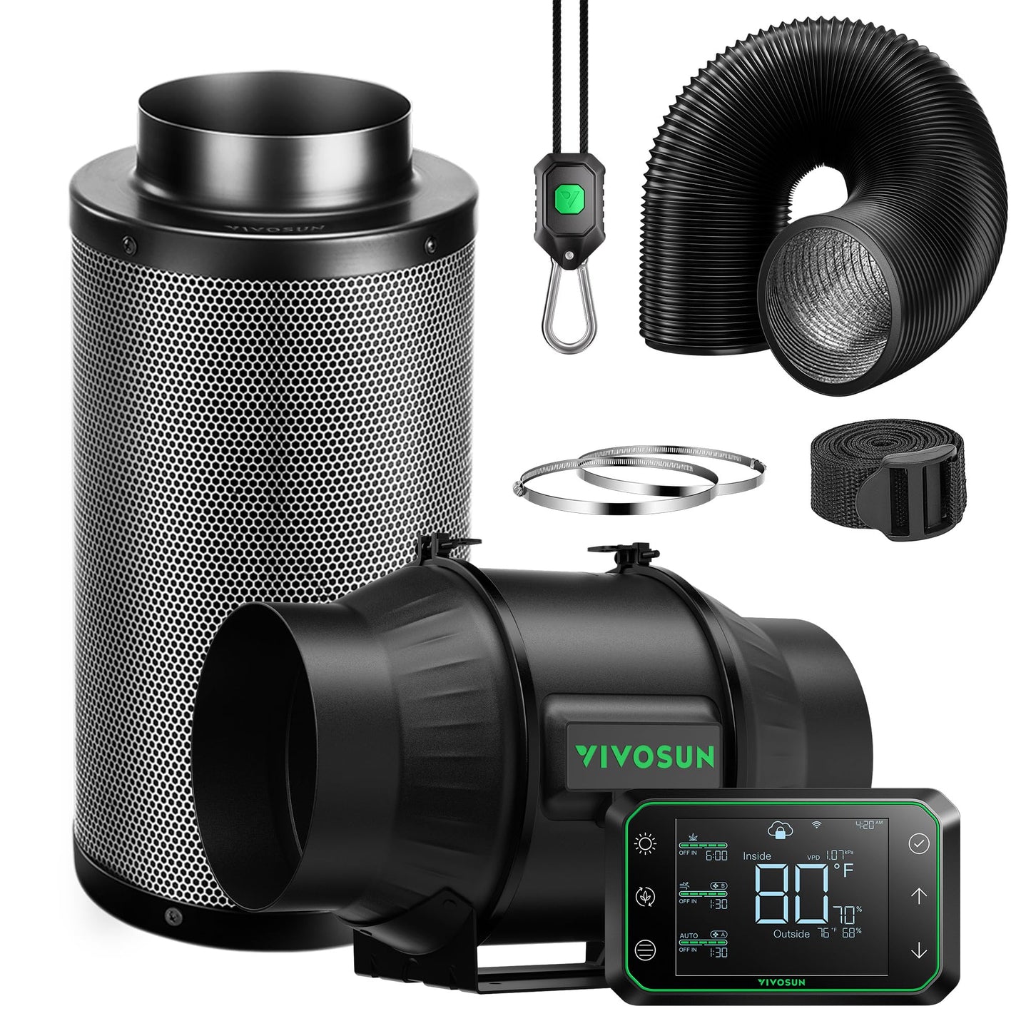 VIVOSUN Smart Air Filtration PRO T6 Kit 6", AeroZesh T6 Inline Duct Fan w/GrowHub E42A Temp. Humidity WiFi-Controller, Carbon Filter & Ducting, Cooling & Ventilation System for Grow Tent, Hydroponics