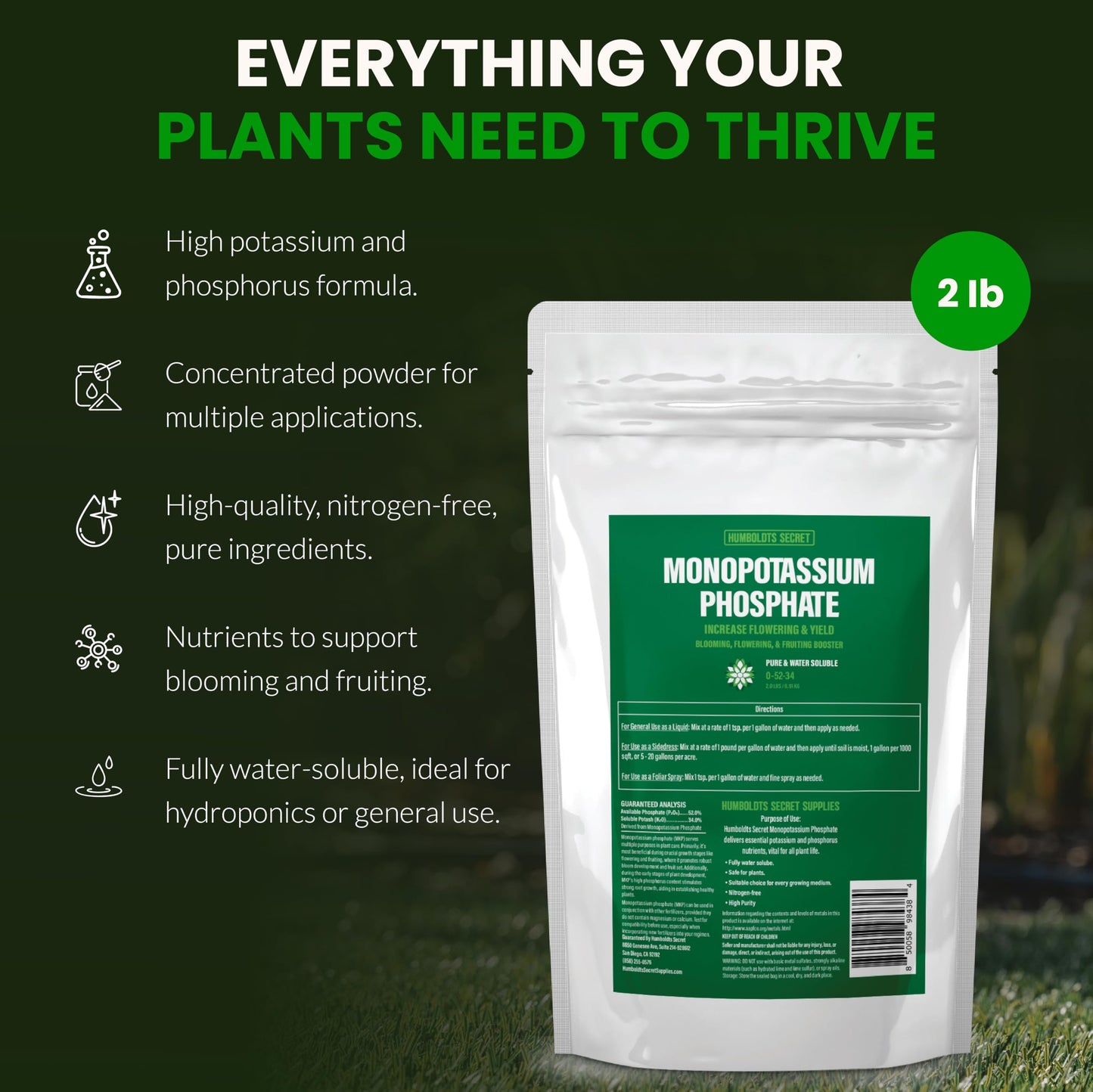 Humboldts Secret Monopotassium Phosphate 0-52-34 | MKP Fertilizer Bloom Booster for Flowers, Fruits & Vegetables | High Purity Water Soluble Phosphorus and Potassium Plant Food | 2 lb