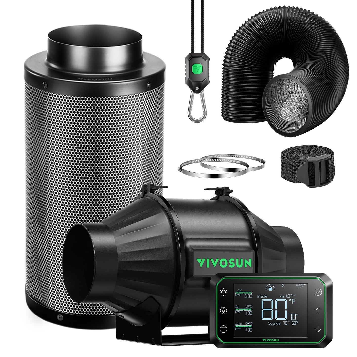 VIVOSUN Smart Air Filtration PRO T6 Kit 6", AeroZesh T6 Inline Duct Fan w/GrowHub E42A Temp. Humidity WiFi-Controller, Carbon Filter & Ducting, Cooling & Ventilation System for Grow Tent, Hydroponics