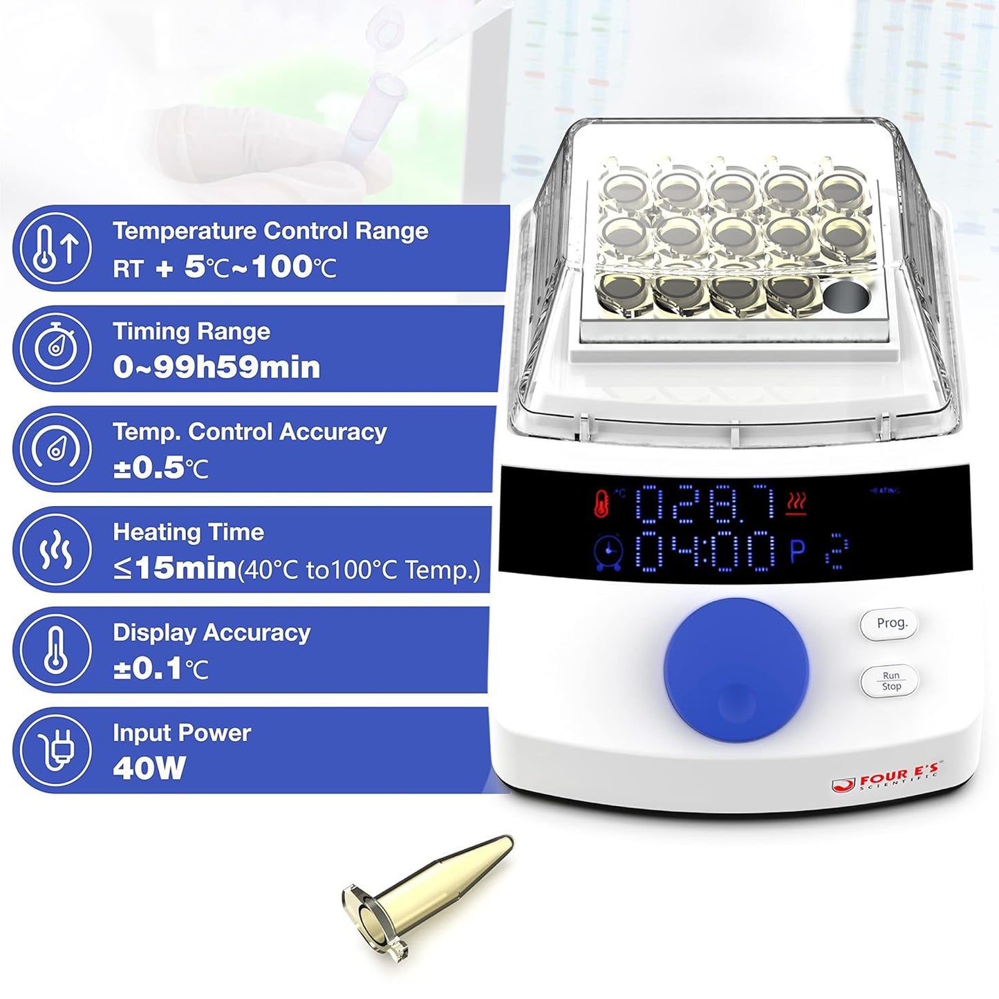 FOUR E'S SCIENTIFIC Mini Digital Dry Bath Incubator with Clear Lid, 15 x 1.5ml Heating Block with Timing Control, Up to 212℉/100℃, ± 0.5°C Accuracy