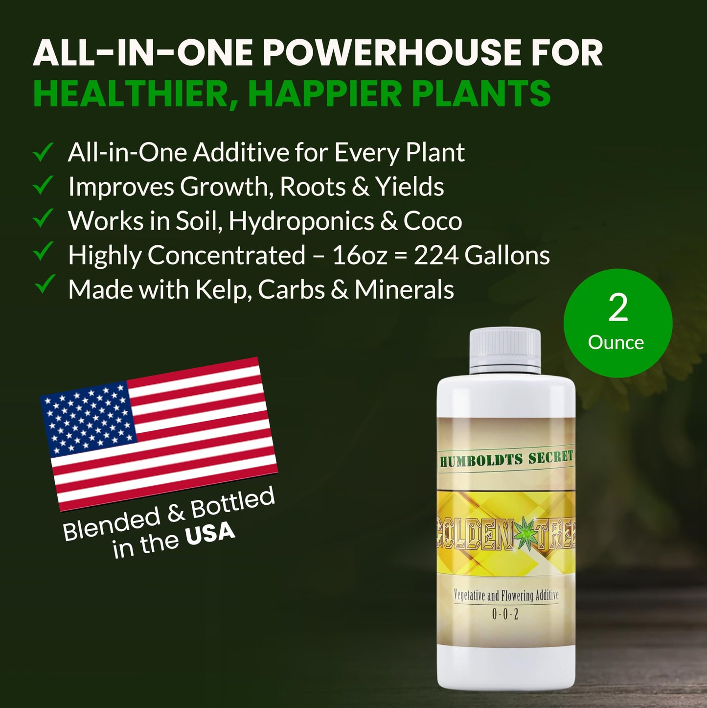 Humboldts Secret Golden Tree Liquid Plant Food | Enhances Growth Indoors or Outdoors | All-in-One Plant Nutrients for Vegetables, Trees, Flowers, Fruits, Roses, Lawns, Tomatoes | 16 Ounce