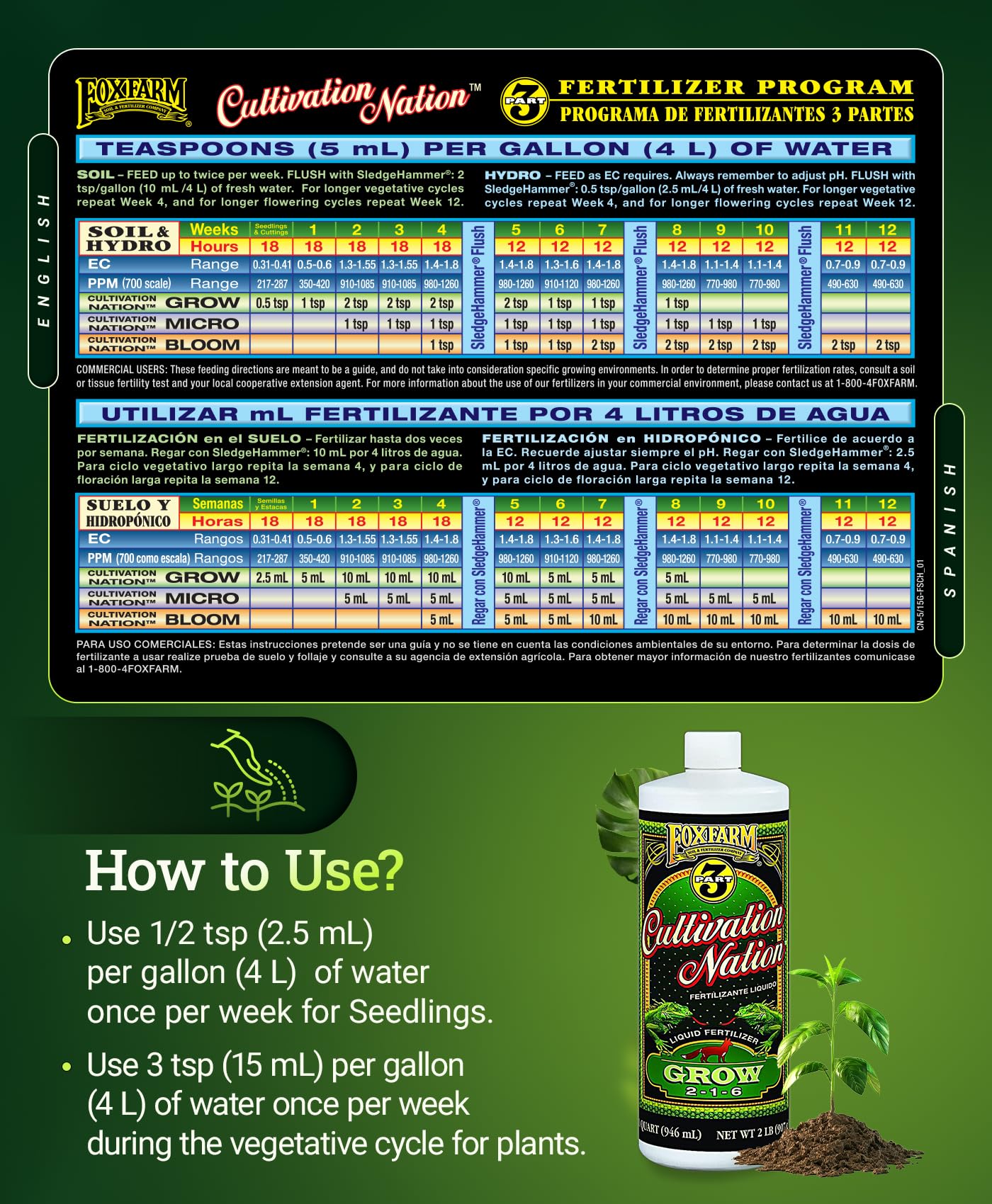 FoxFarm Cultivation Nation Grow Fertilizer - Formula for Optimal Vegetative Growth, Perfect for Soil, Soilless Media, Hydroponics & Aeroponics - Part 1 of 3-Part Feeding Program- NPK 2-1-6 (Gallon)