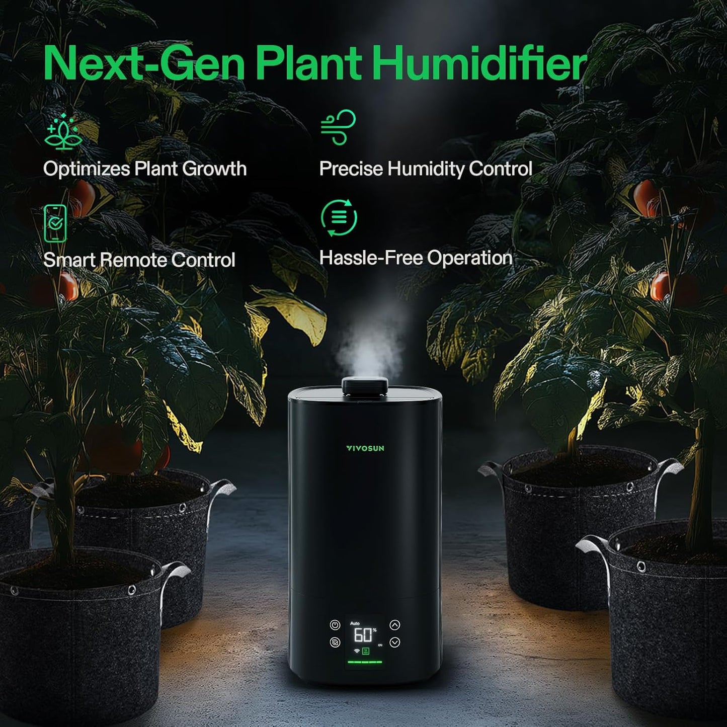 VIVOSUN AeroStream H05 Intelligent Wi-Fi Humidifier, 1.32 Gal / 5 L Humidifier with Temp & Humidity Probe, Smart Remote Control, Designed for Growers