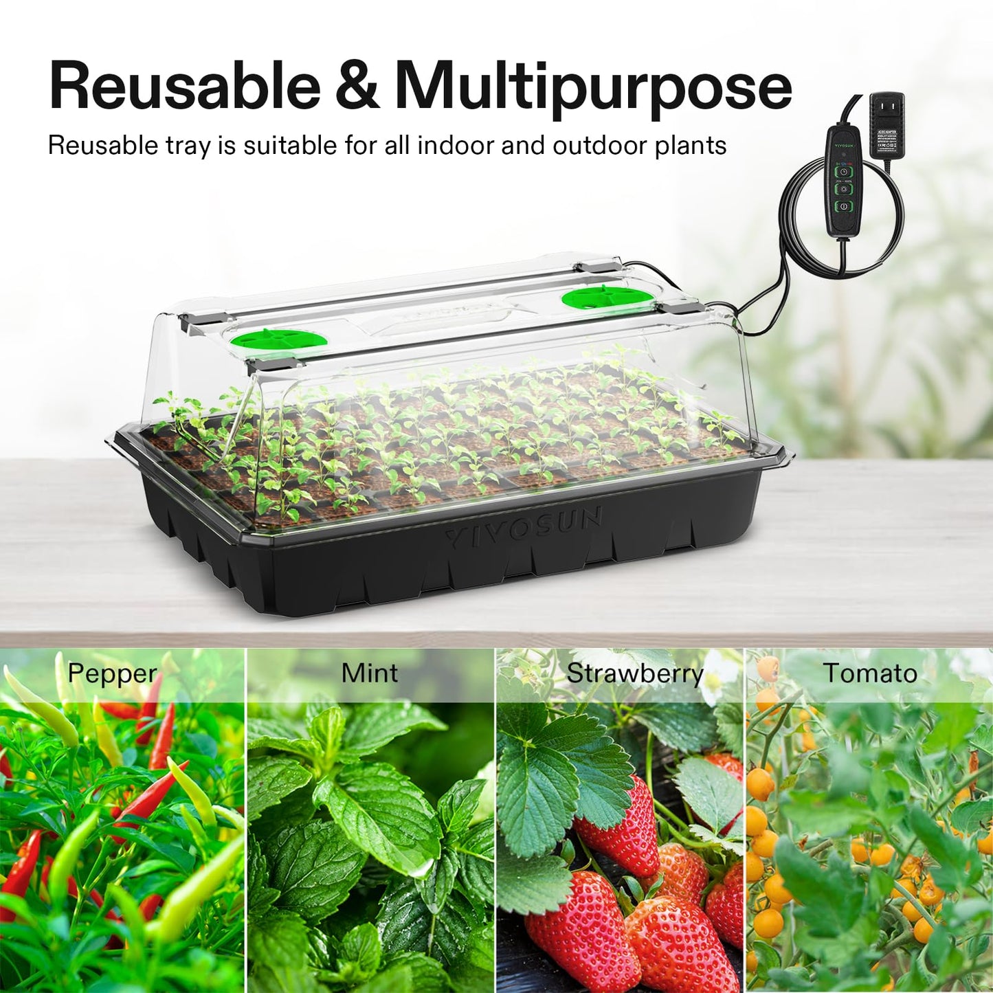 VIVOSUN 1-Pack 40-Cell Seed Starter Trays with 1 Set of LED Lights and 10"x20.75" Seedling Heat Mat, 3.6" Higher Cover, Adjustable Vents, Drainage Holes, Green Propagation Tray for Planting Seeds