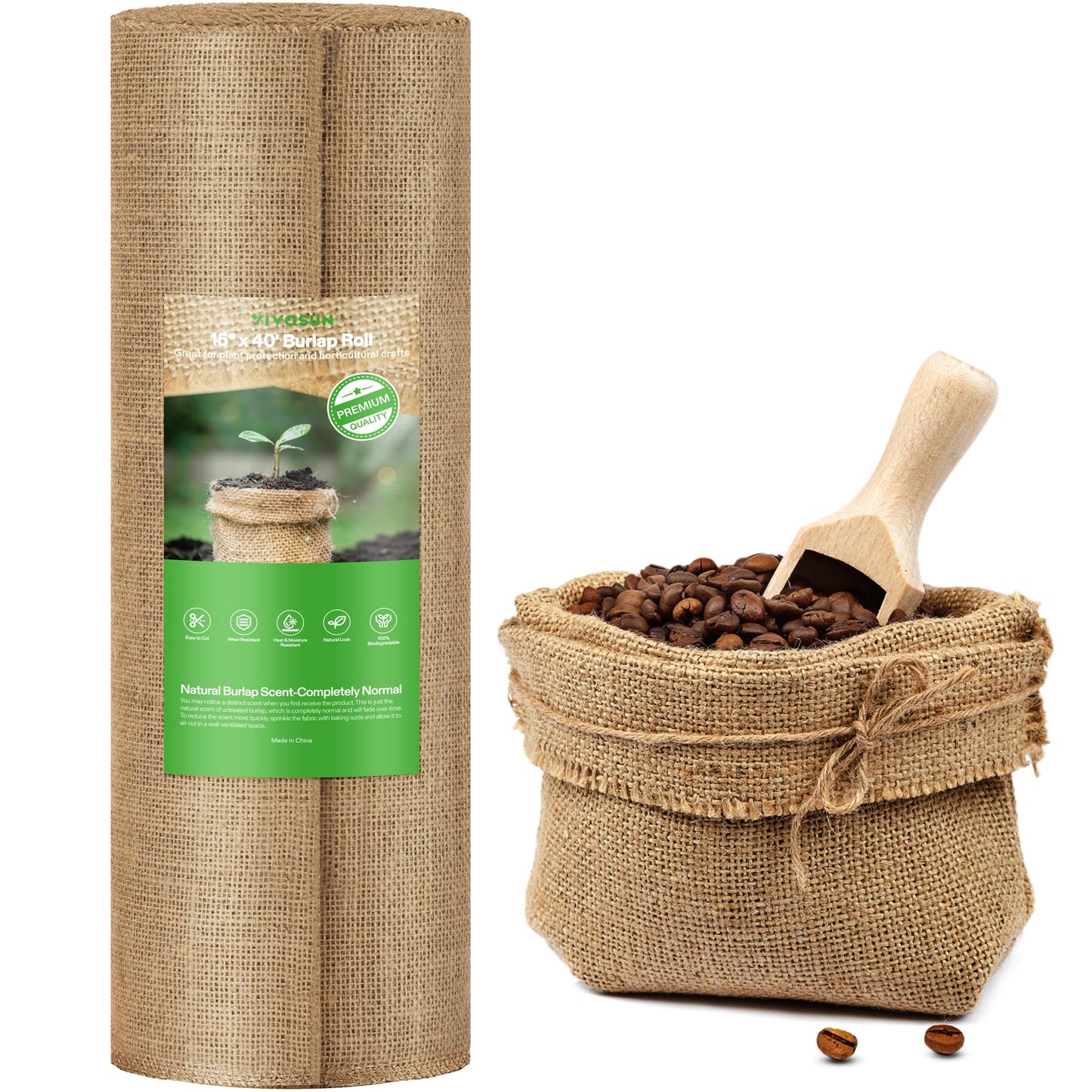 VIVOSUN 40 in x 13 ft Burlap Fabric, High Density Natural Jute Fiber, Multipurpose Burlap for Gardening, Outdoor Plant Care, Weed Barrier, DIY Crafts, and Decoration