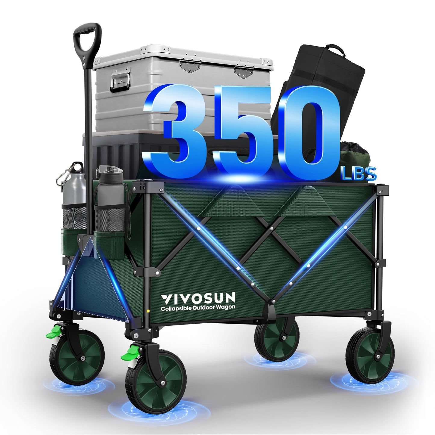 VIVOSUN Collapsible Folding Wagon, 350 lb Load-Bearing Outdoor Utility Cart with Silent Universal Wheels, Cup Holders &Side Pockets, Adjustable Handle, for Camping, Garden, Sports, Picnic, Shopping
