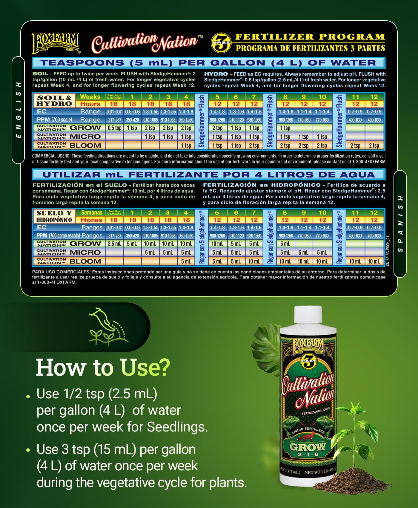 FoxFarm Cultivation Nation Grow Fertilizer - Formula for Optimal Vegetative Growth, Perfect for Soil, Soilless Media, Hydroponics & Aeroponics - Part 1 of 3-Part Feeding Program- NPK 2-1-6 (Gallon)