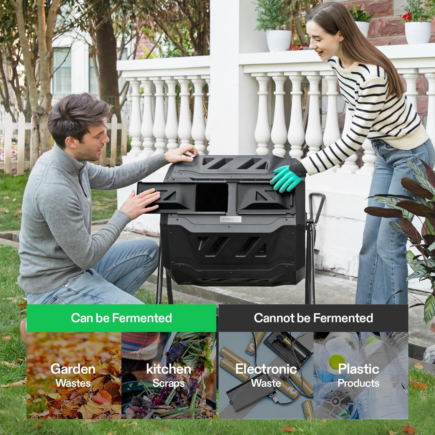 VIVOSUN Outdoor Tumbling Composter Dual Rotating Batch Compost Bin, 43 Gallon Orange Door