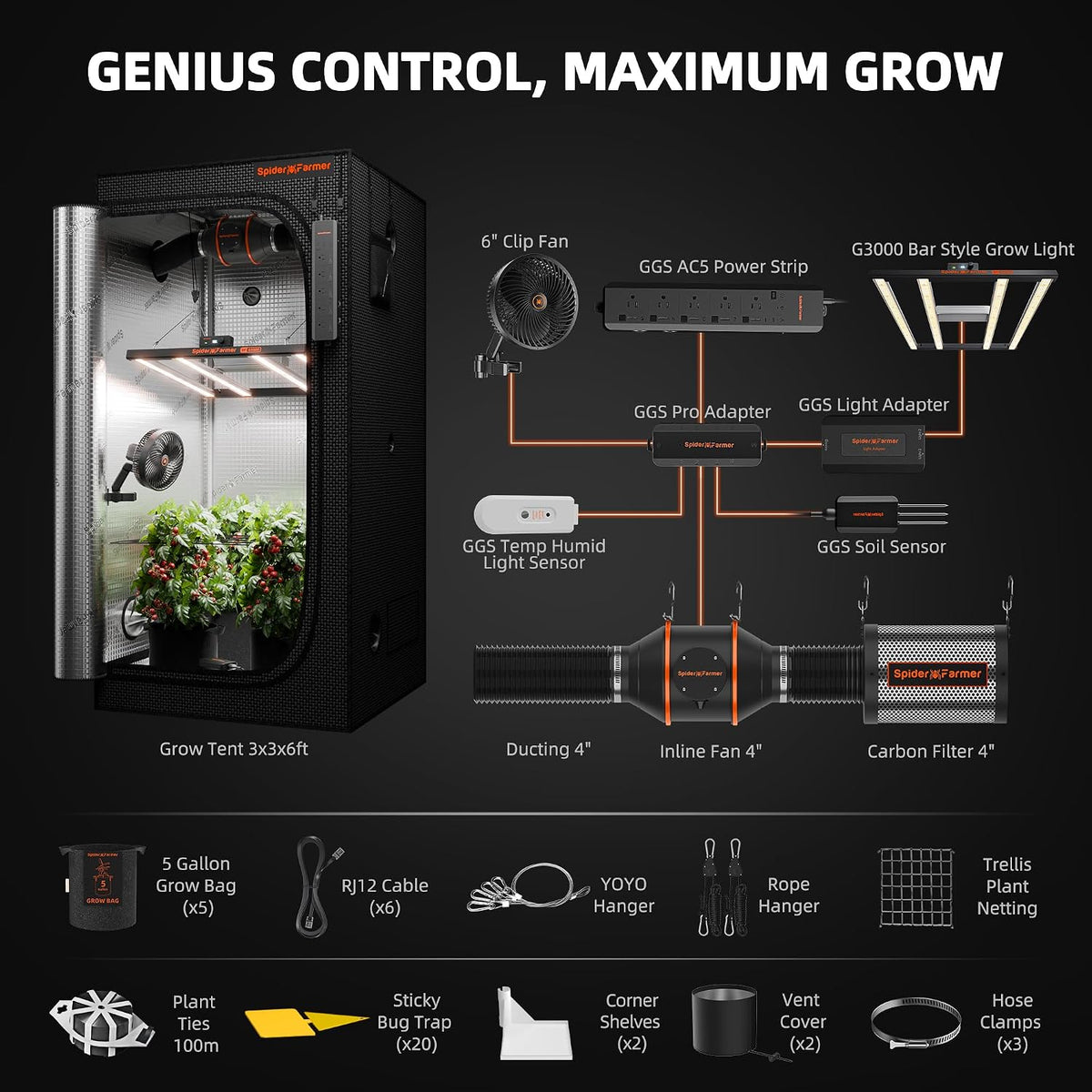 Spider Farmer 3x3x6ft G3000 Complete Grow Tent Kit with GGS AC5 Power Strip