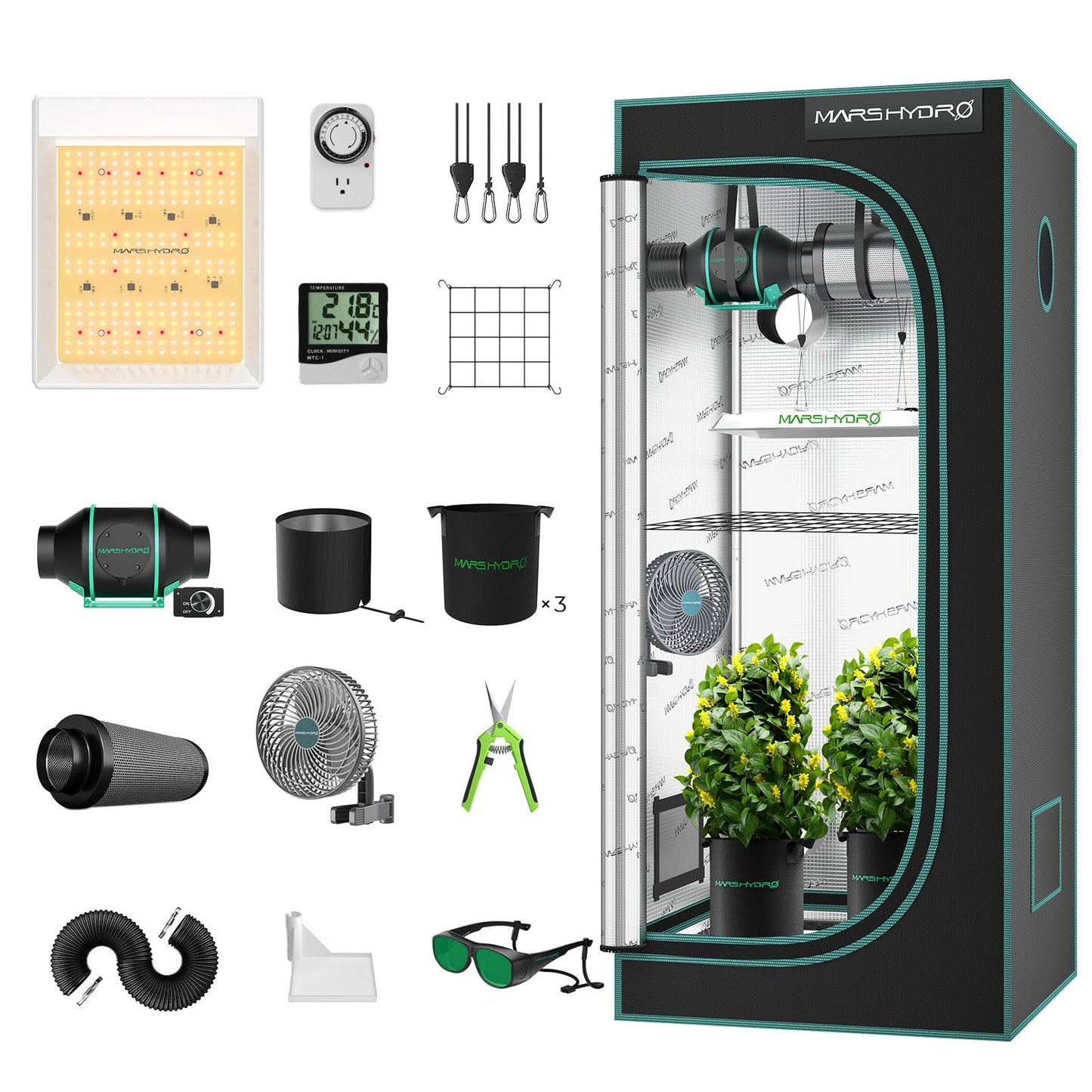 MARS HYDRO 4x4 Smart Grow Tent Kit Complete System,480W FC-E4800 APP WIFI Control Light 2646pcs LED,1680D High Reflective Mylar,with 6inch 32dB,402CFM Adjustable Ventilation Kit,10 Speed Grow Tent Fan