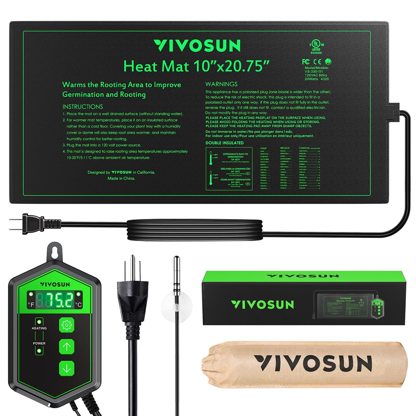 VIVOSUN 10"x 20.75" Seedling Heat Mat and Digital Thermostat Combo Set, UL & MET-Certified Warm Hydroponic Heating Pad for Germination, Indoor Gardening, Greenhouse