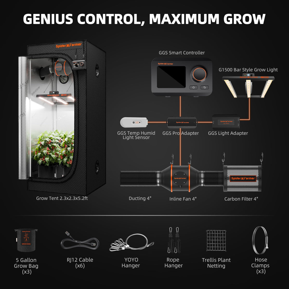Spider Farmer 3x3x6ft G3000 Complete Grow Tent Kit with GGS AC5 Power Strip