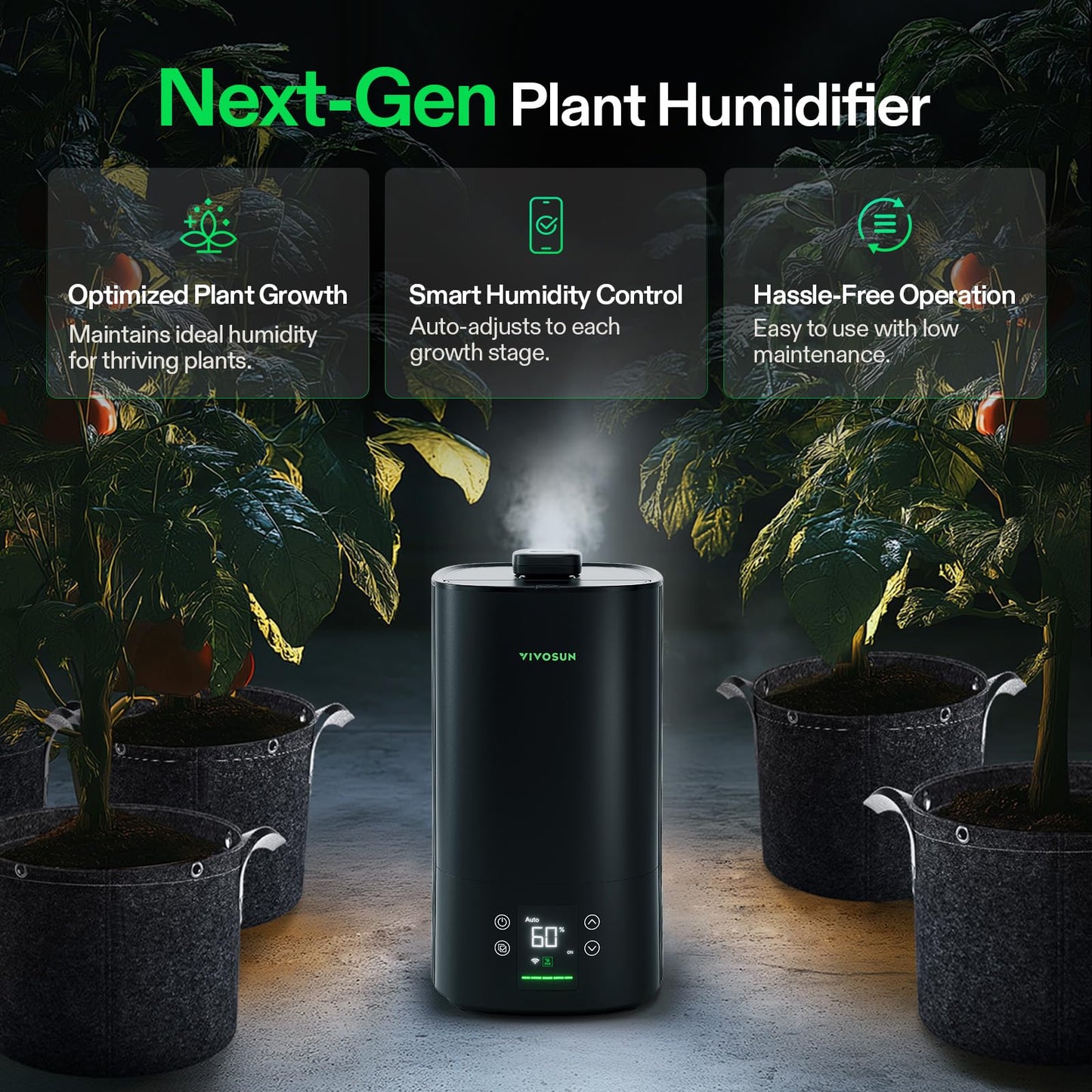 VIVOSUN AeroStream H05 Intelligent Wi-Fi Humidifier, 1.32 Gal / 5 L Humidifier with Temp & Humidity Probe, Smart Remote Control, Designed for Growers