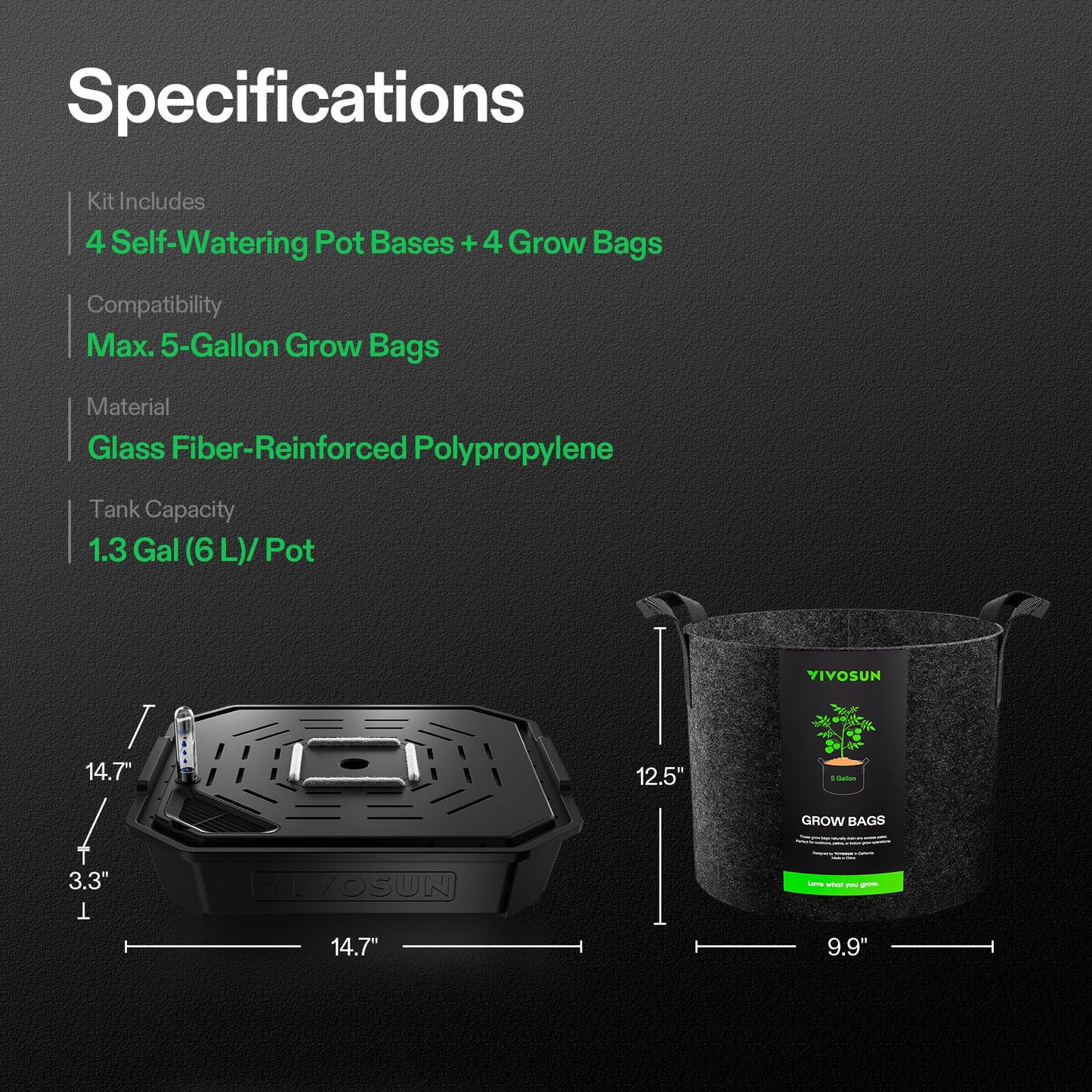 VIVOSUN 4-Pack FlexFeed Self-Watering Pots, Auto Irrigation Fabric Pot Base with Water Meter & Maintenance Window, for Use Indoors/Outdoors in Grow Tents, Greenhouses, Gardens